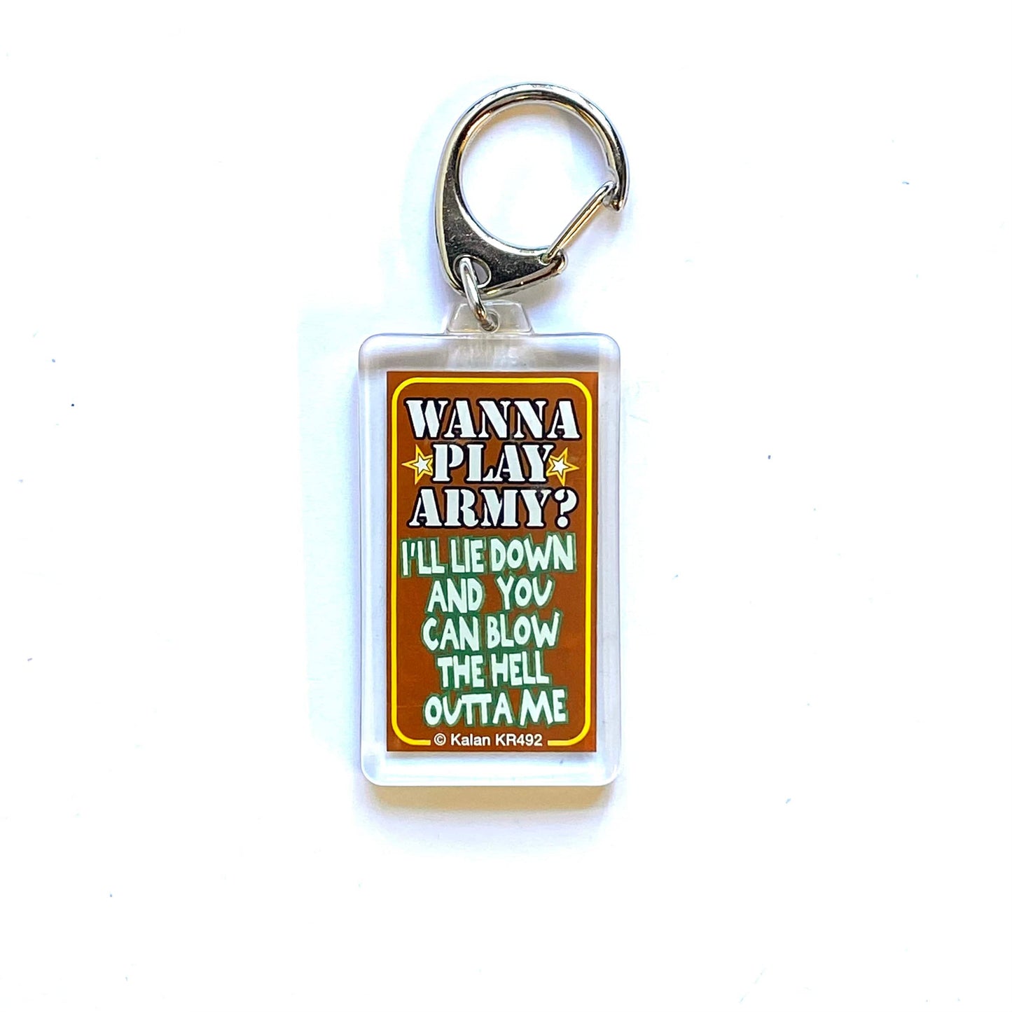 Novelty Adult Humor Keychain “Wanna Play Army?” Key Ring Rectangle Clear Acrylic