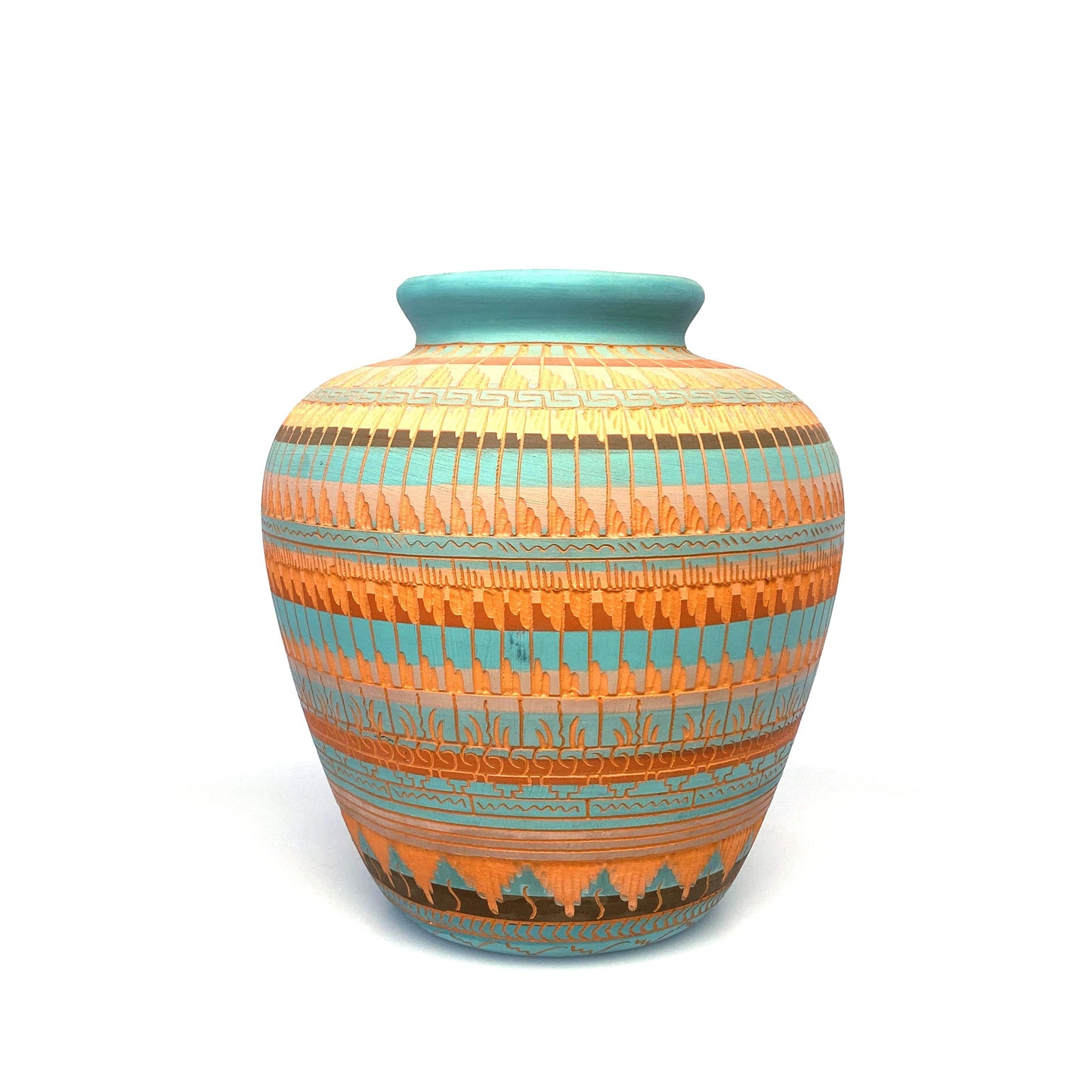Navajo Vase Anna Tsosie Signed Terra Cotta Hand Etched - 9” Orange Teal Blue