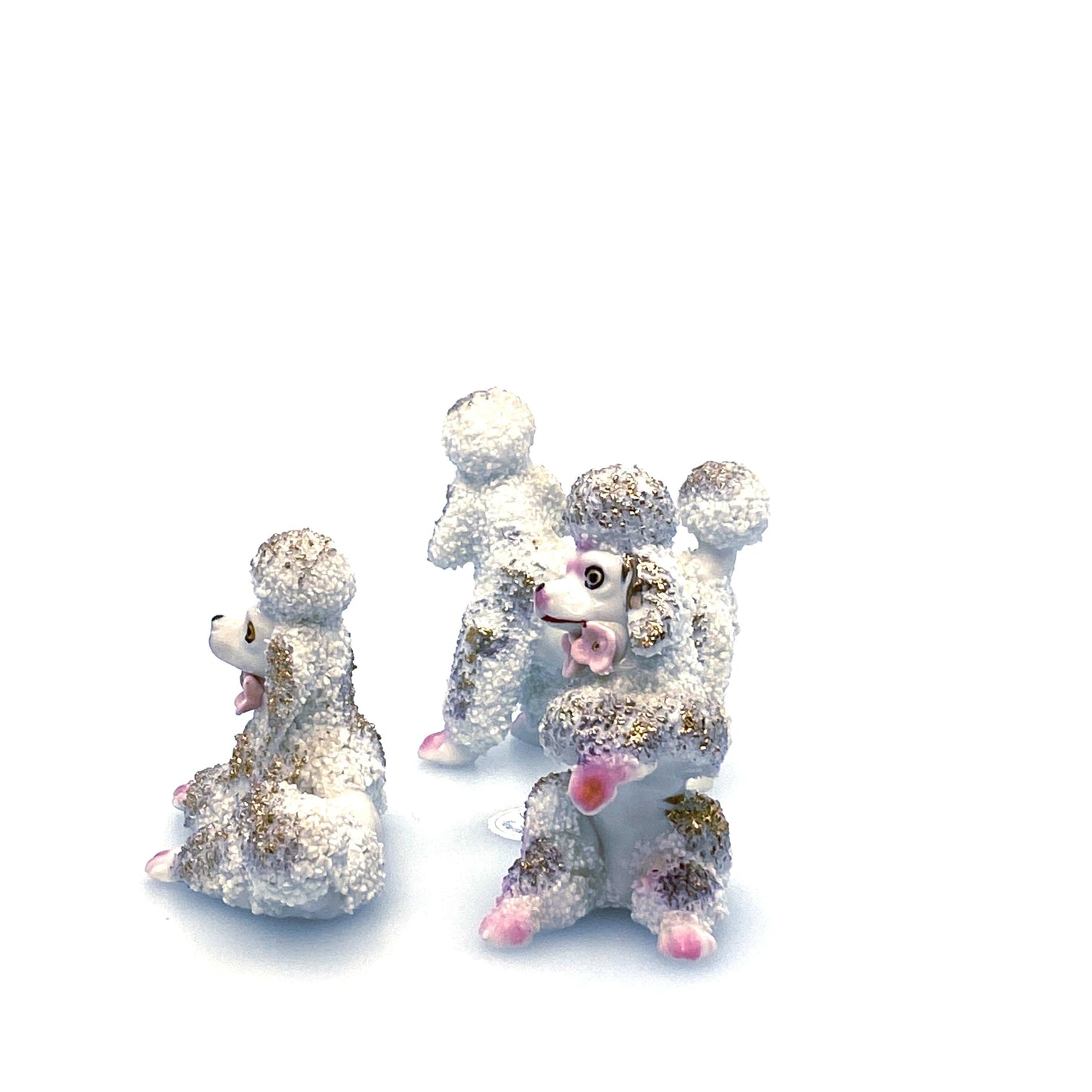 Vintage Poodles Figurines Set of 3 White Gold Spaghetti Style Japan