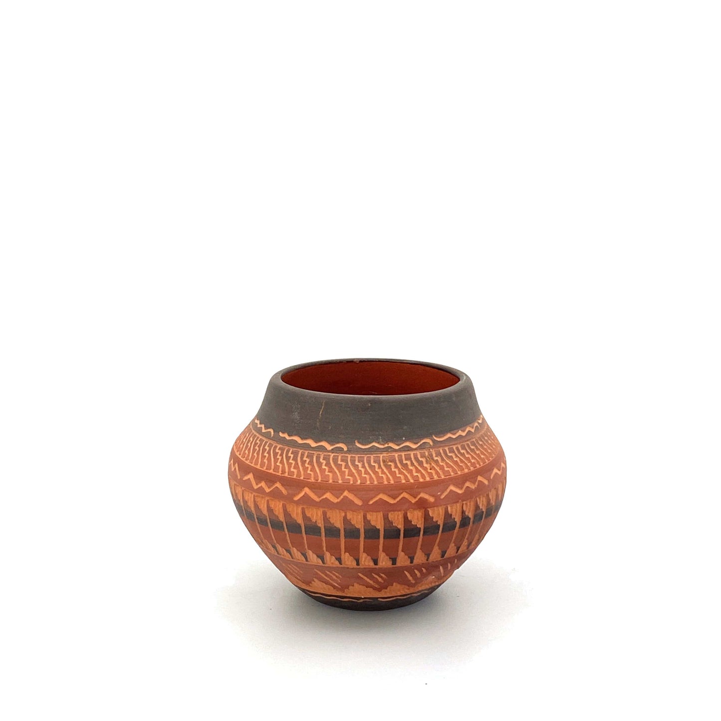 Navajo Pottery by Anna Tsosie Terra Cotta Hand Etched Small Pot 3” Orange Brown