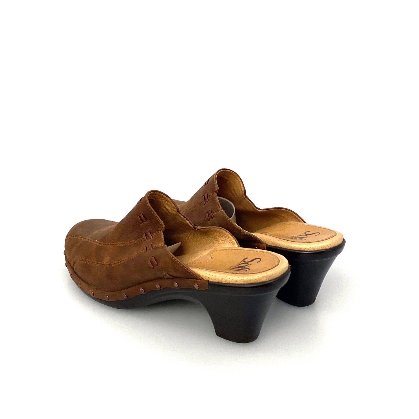 Sofft Womens Size 9M Brown Mules Shoes Leather Stitched Heeled