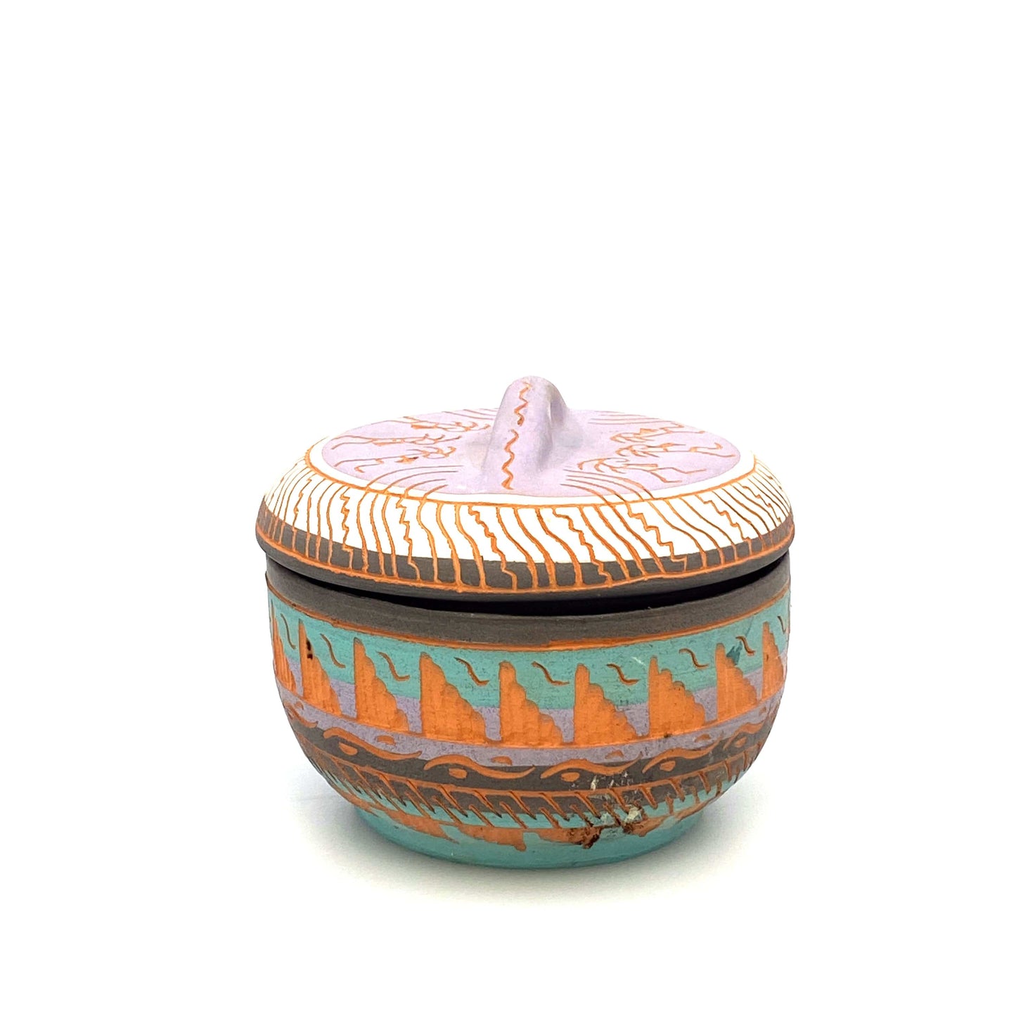 Navajo Pottery by Anna Tsosie Terra Cotta Hand Etched Jar* w/ Lid 4” Pink Brown