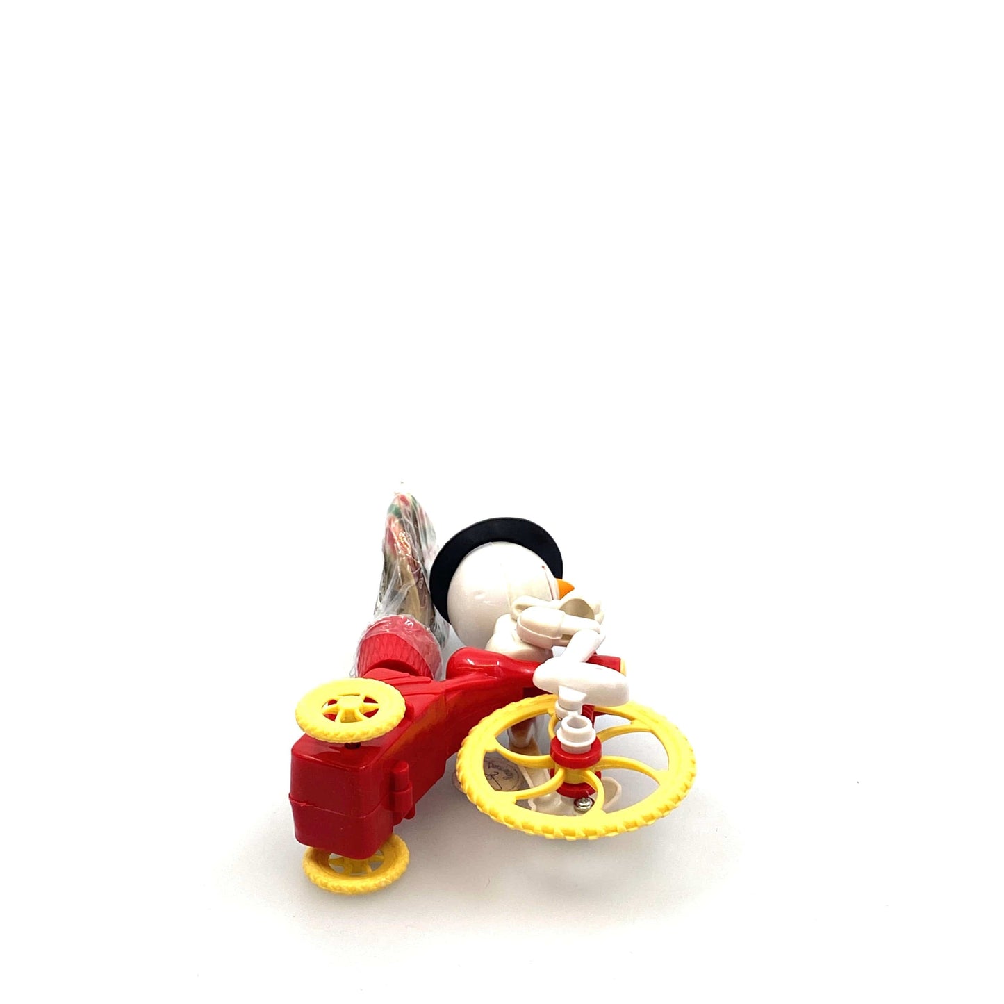 Vintage Stocking Stuffer Christmas Toy Wind-Up Snowman on Bicycle w/Candy*
