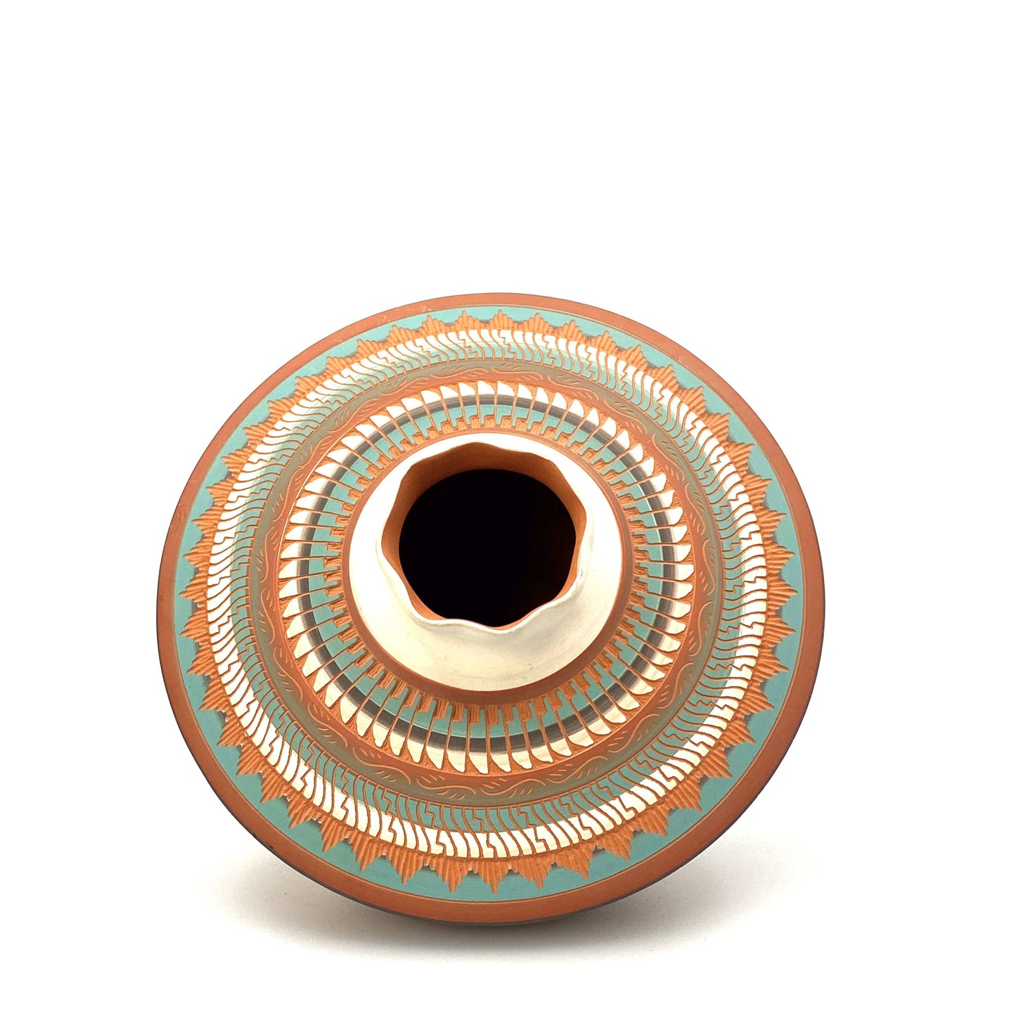 Navajo Pottery by Anna Tsosie Water Bowl Scalloped Top Terra Cotta white Orange Brown Hand Etched 7”