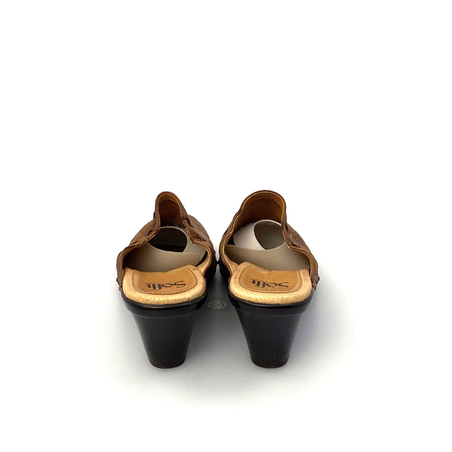 Sofft Womens Size 9M Brown Mules Shoes Leather Stitched Heeled