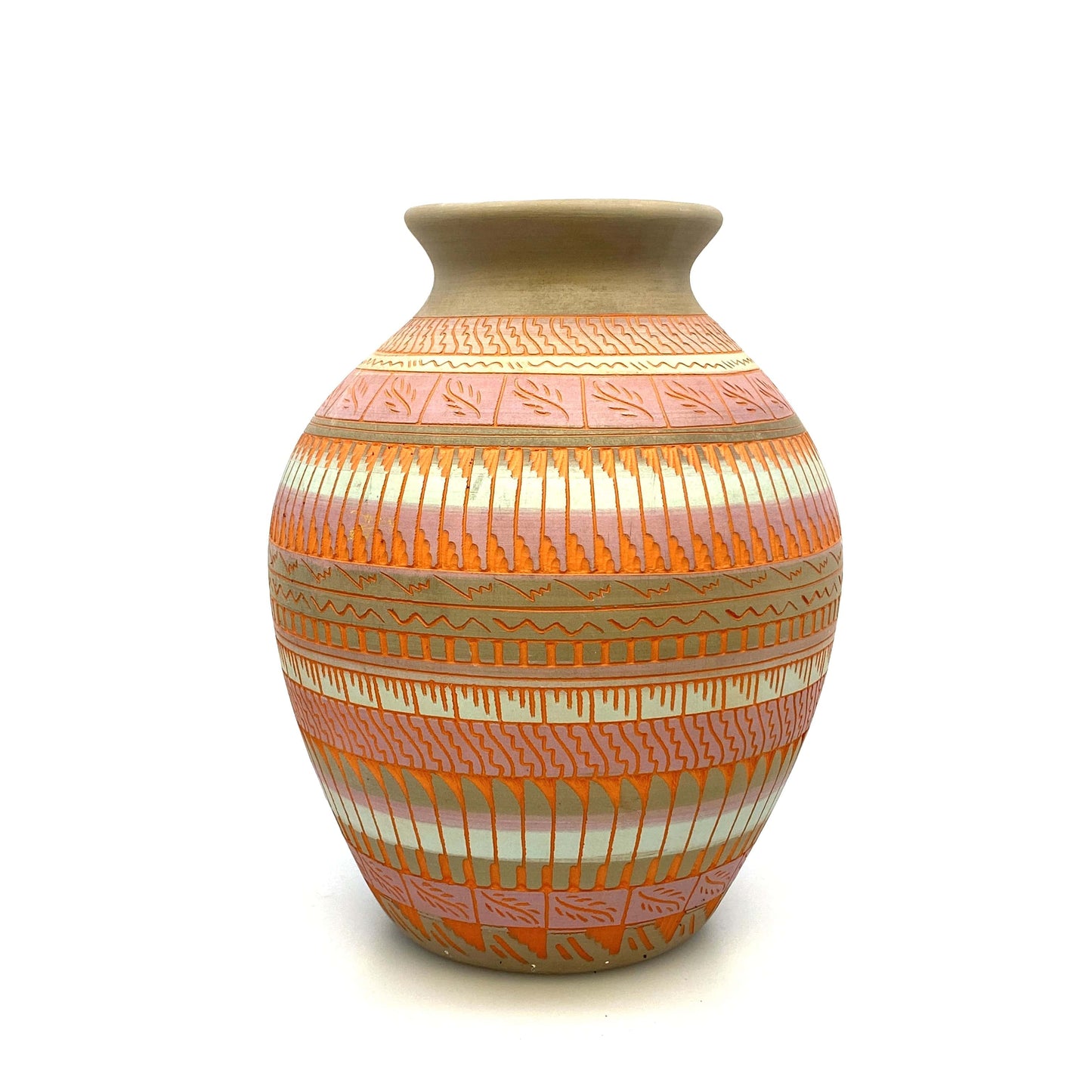Navajo Pottery Vase Anna Tsosie Signed Terra Cotta Hand Etched 9” Pink Orange