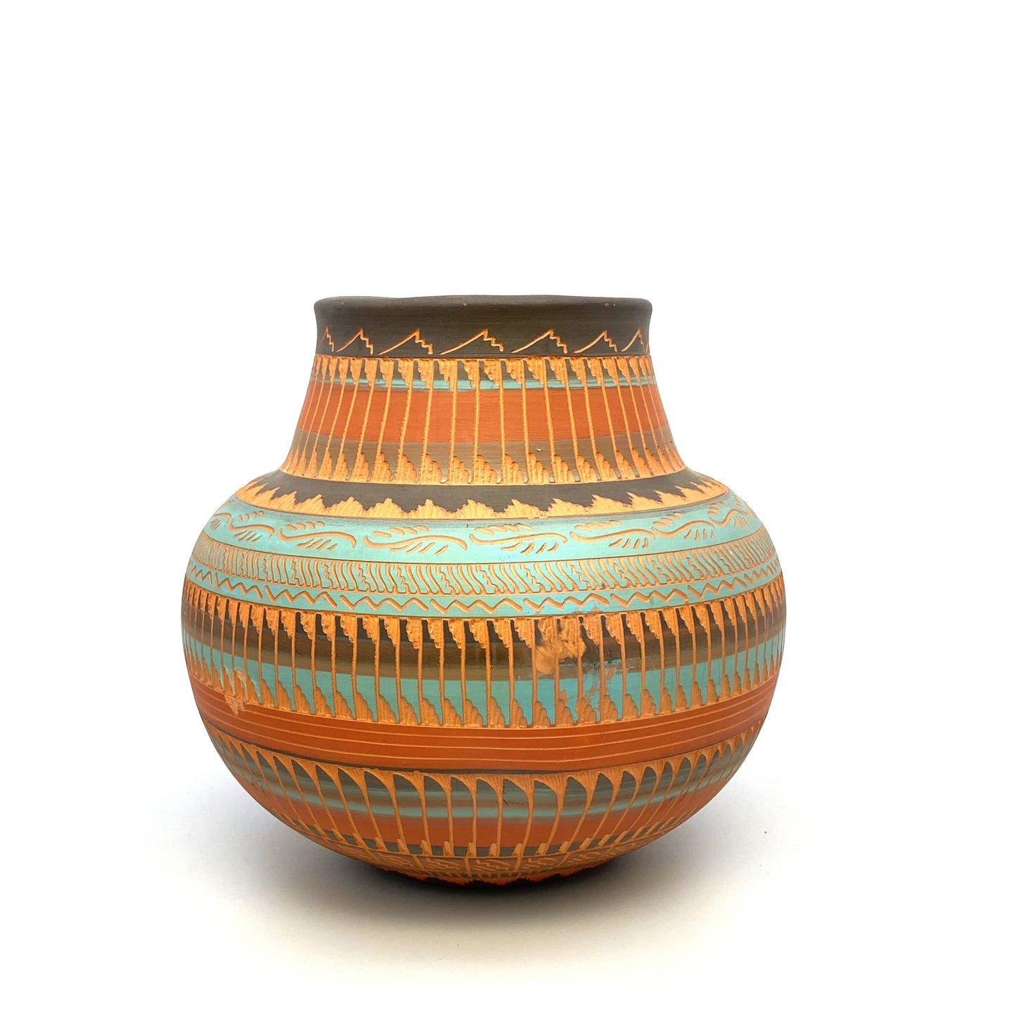 Navajo Pottery Vase | Hand-Etched & Painted Anna Tsosie Signed | Turquoise and Terracotta Tones | 7” | Vintage EUC