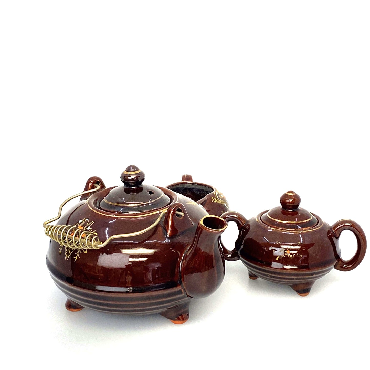 Redware Brown Betty | Moriage Tea Pot Cream Sugar Bowl Set Japan 1960’s | Vintage Hand-Painted