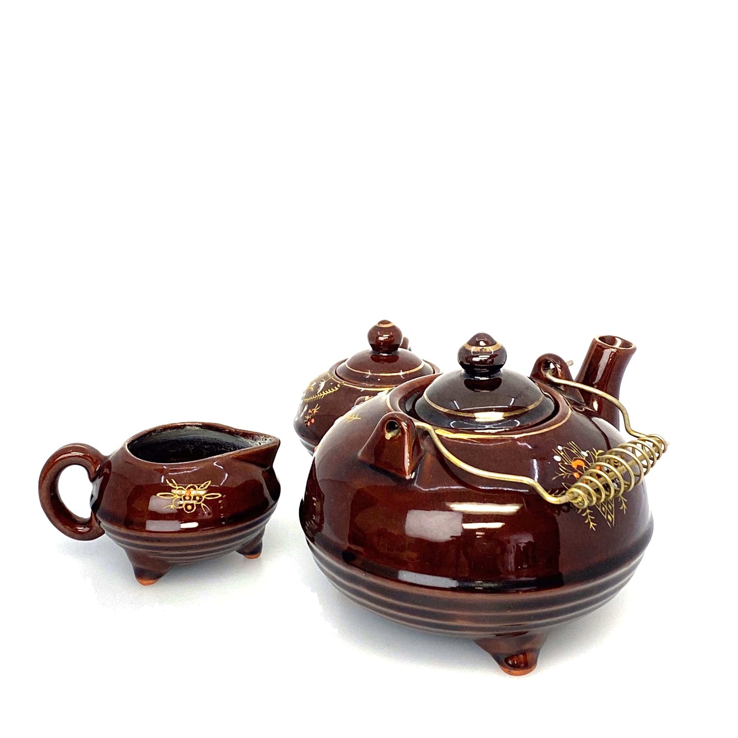 Redware Brown Betty | Moriage Tea Pot Cream Sugar Bowl Set Japan 1960’s | Vintage Hand-Painted
