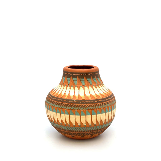 Navajo Pottery by Anna Tsosie Terra Cotta Hand Etched Seed Pot 5” Orange Blue Brown