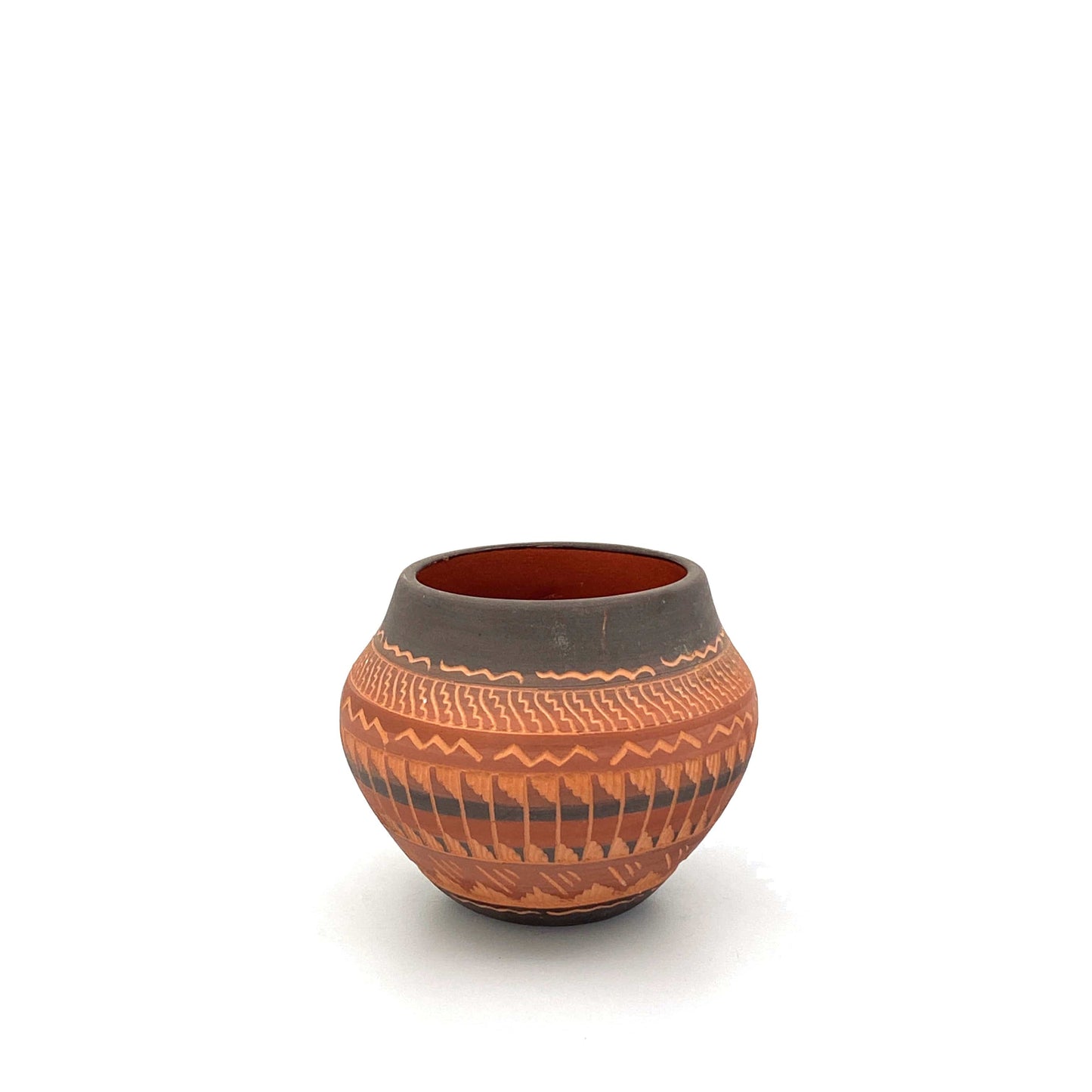 Navajo Pottery by Anna Tsosie Terra Cotta Hand Etched Small Pot 3” Orange Brown