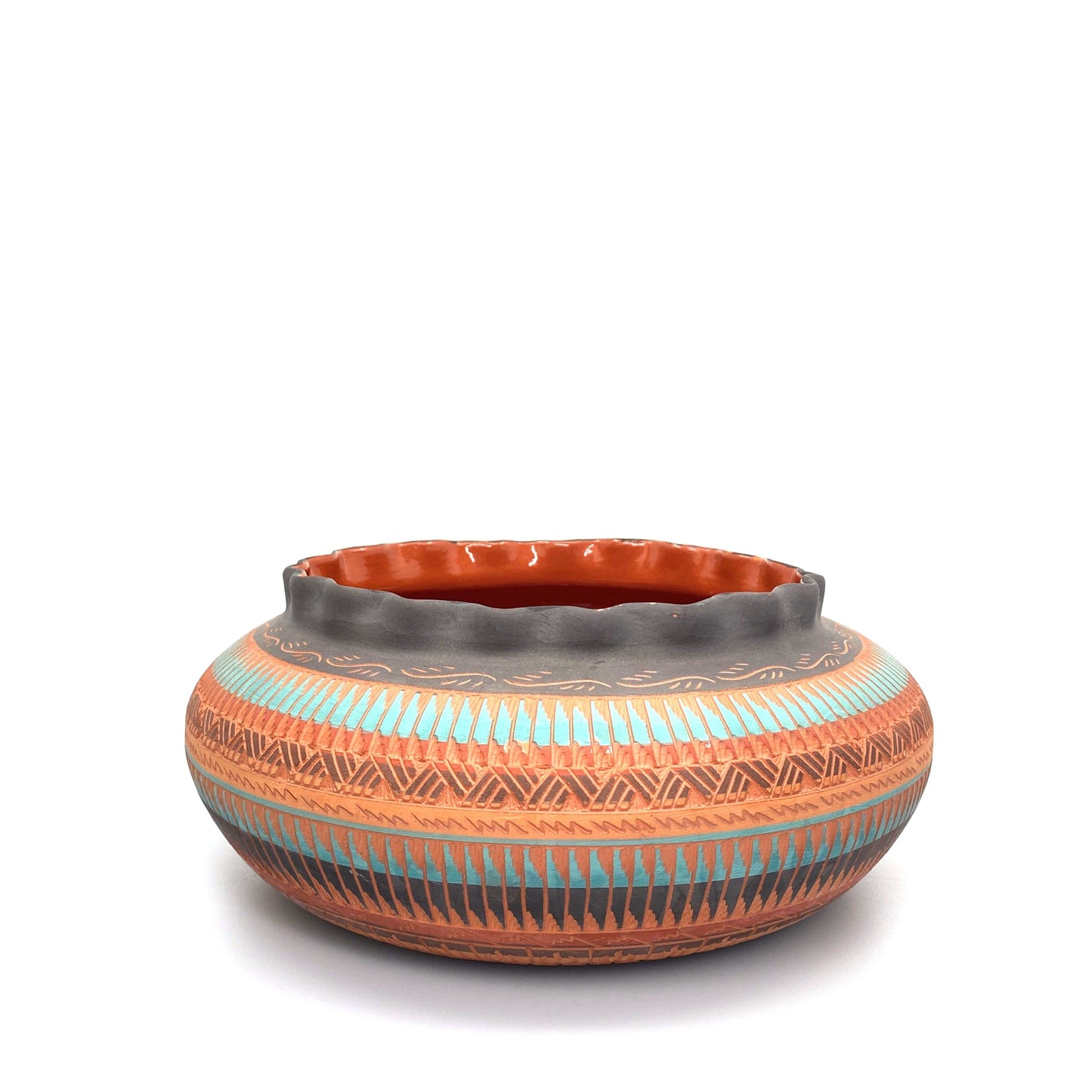 Navajo Pottery by Anna Tsosie Water Bowl Scalloped Top Terra Cotta Hand Etched 9”