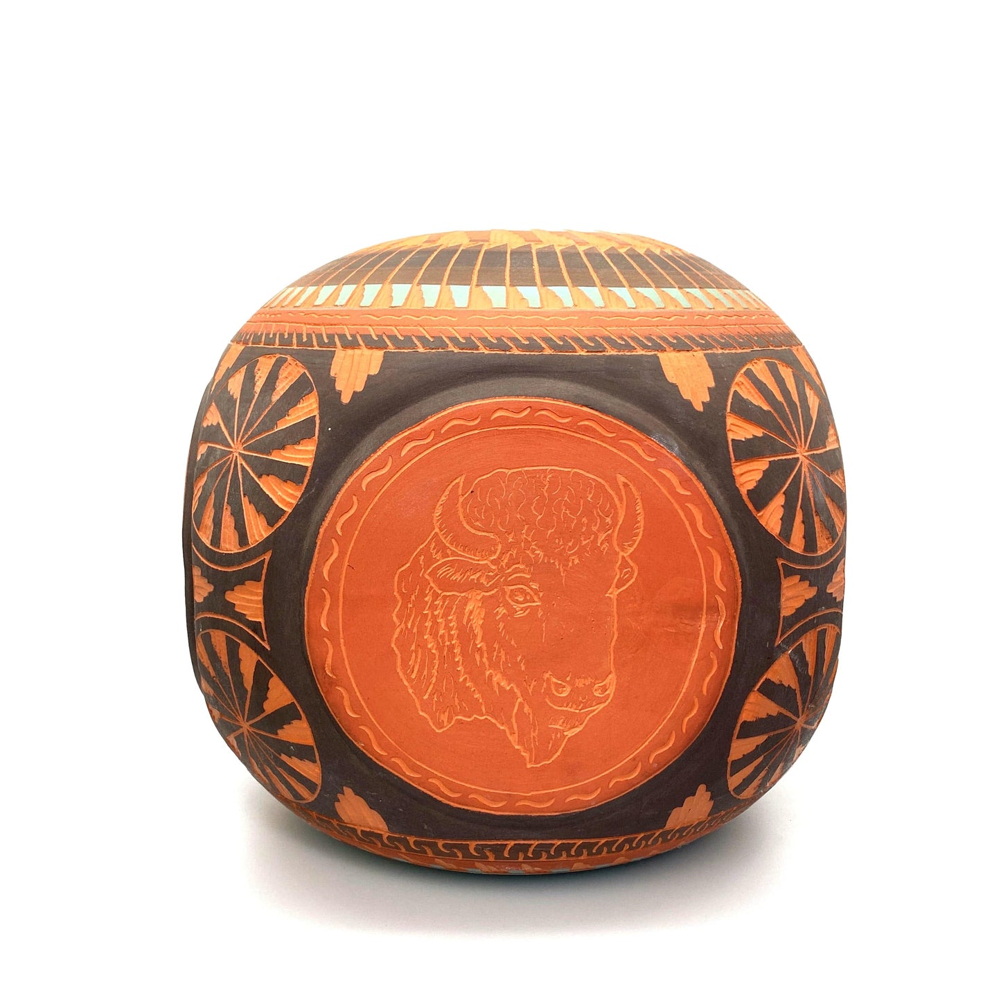 Navajo Pottery Anna Tsosie Signed Terra Cotta Hand Etched Relief 9.5” Large Rounded Square Vase