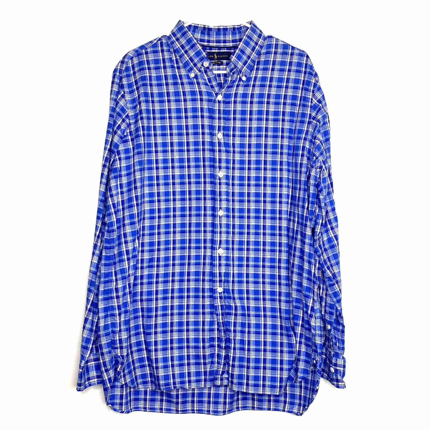 Ralph Lauren Men's Luxury Oxford Plaid Dress Shirt - Size XL - Blue/White - 100% Cotton