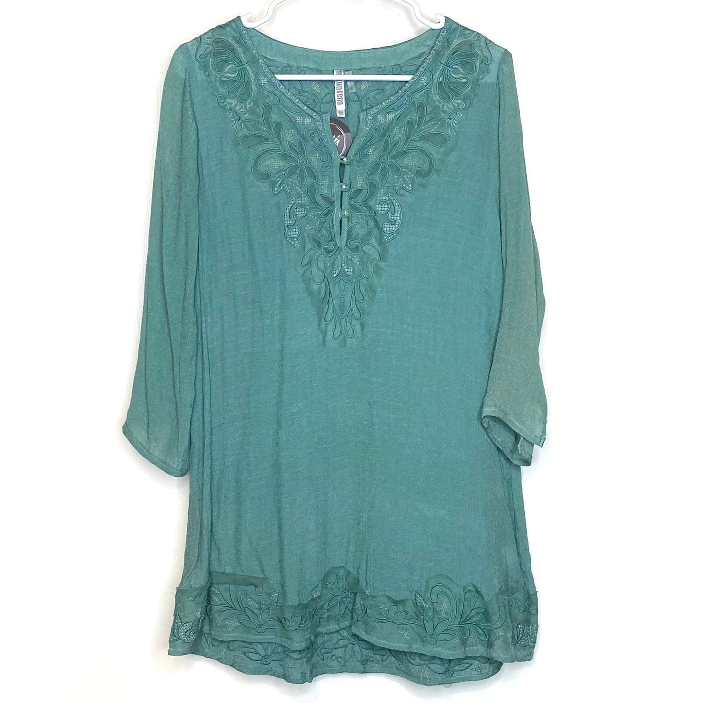 Monoreno Women's V-Neck Long Sleeve Blouse - Size M - Green Rayon-Linen Blend