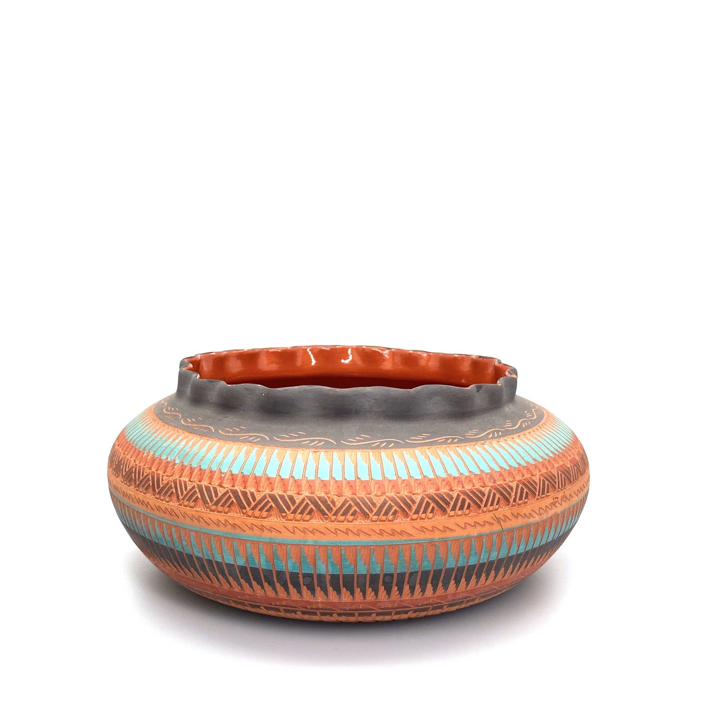 Navajo Pottery by Anna Tsosie Water Bowl Scalloped Top Terra Cotta Hand Etched 9”