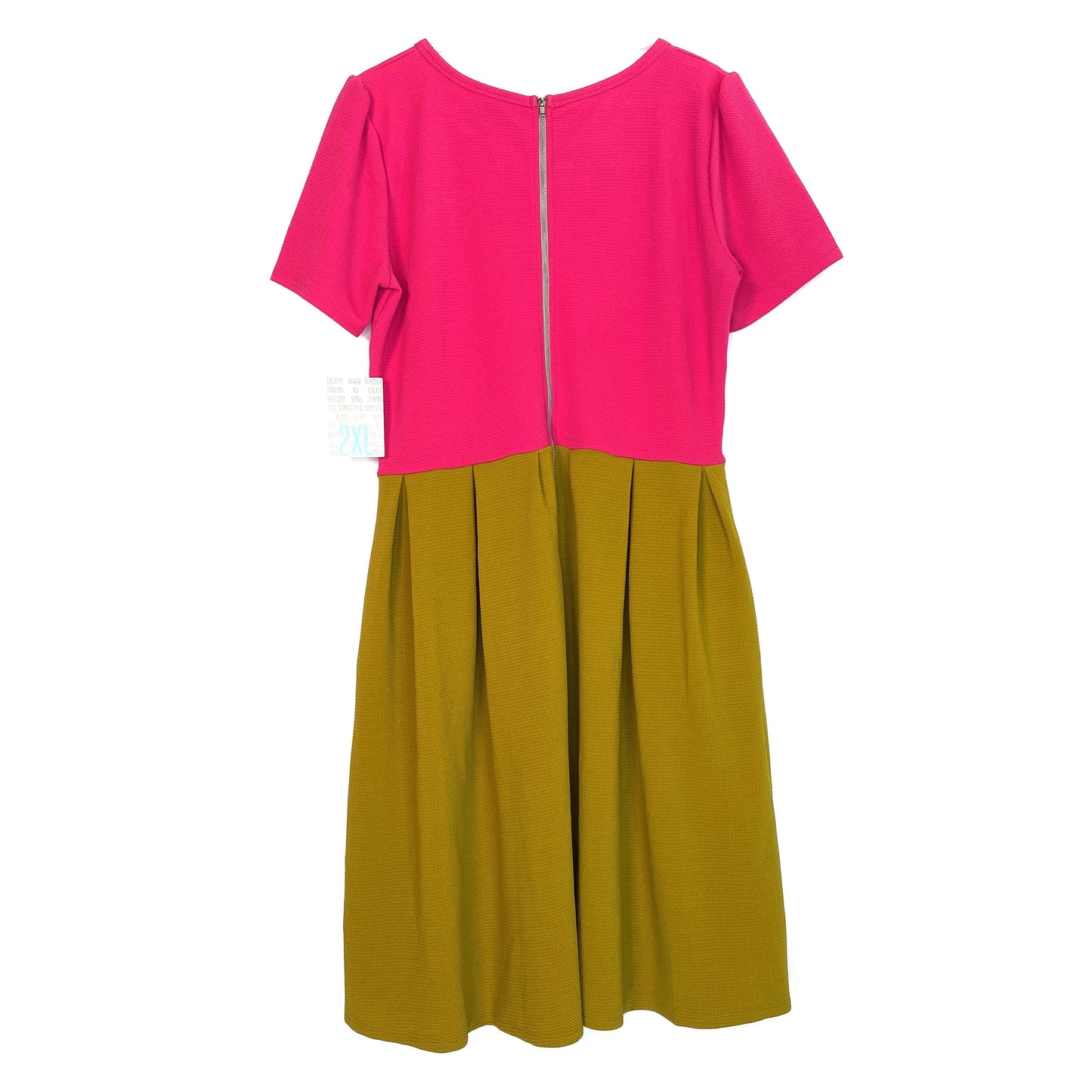 LuLaRoe Womens Size 2XL Amelia Pink & Mustard Yellow Colorblock UNICORN Dress NWT