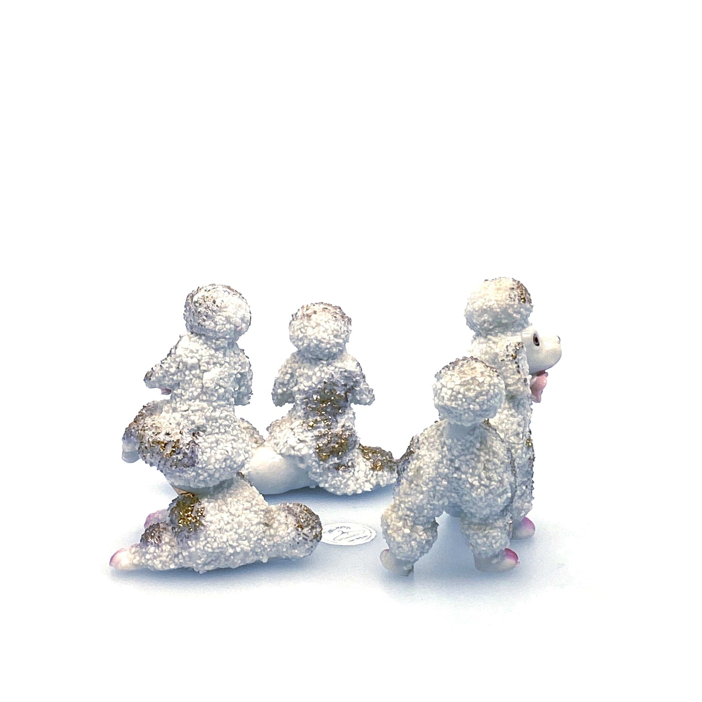 Vintage Poodles Figurines Set of 3 White Gold Spaghetti Style Japan