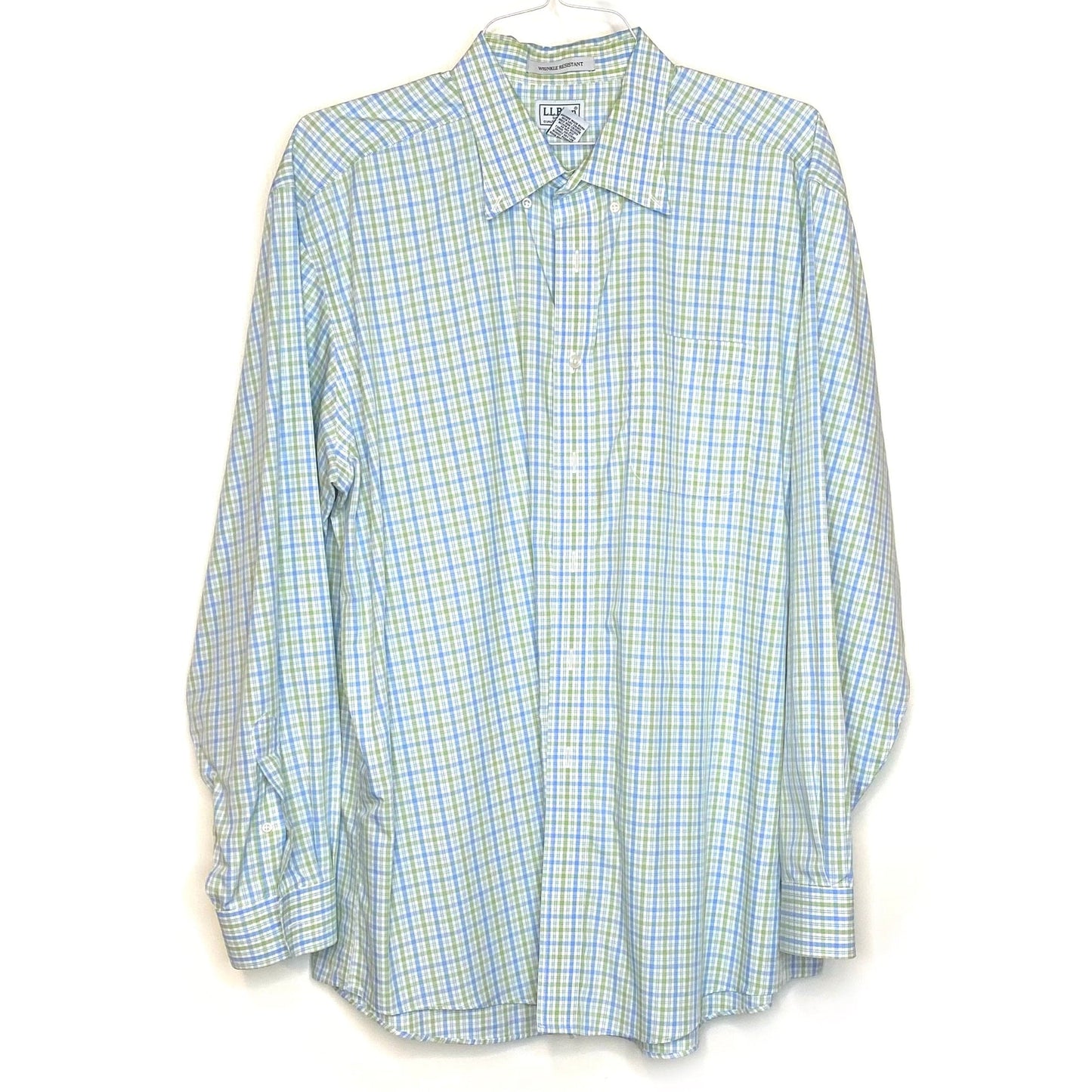 LL Bean Men's White, Green, and Blue Plaid Button-Up Shirt - Size XL - Long Sleeve