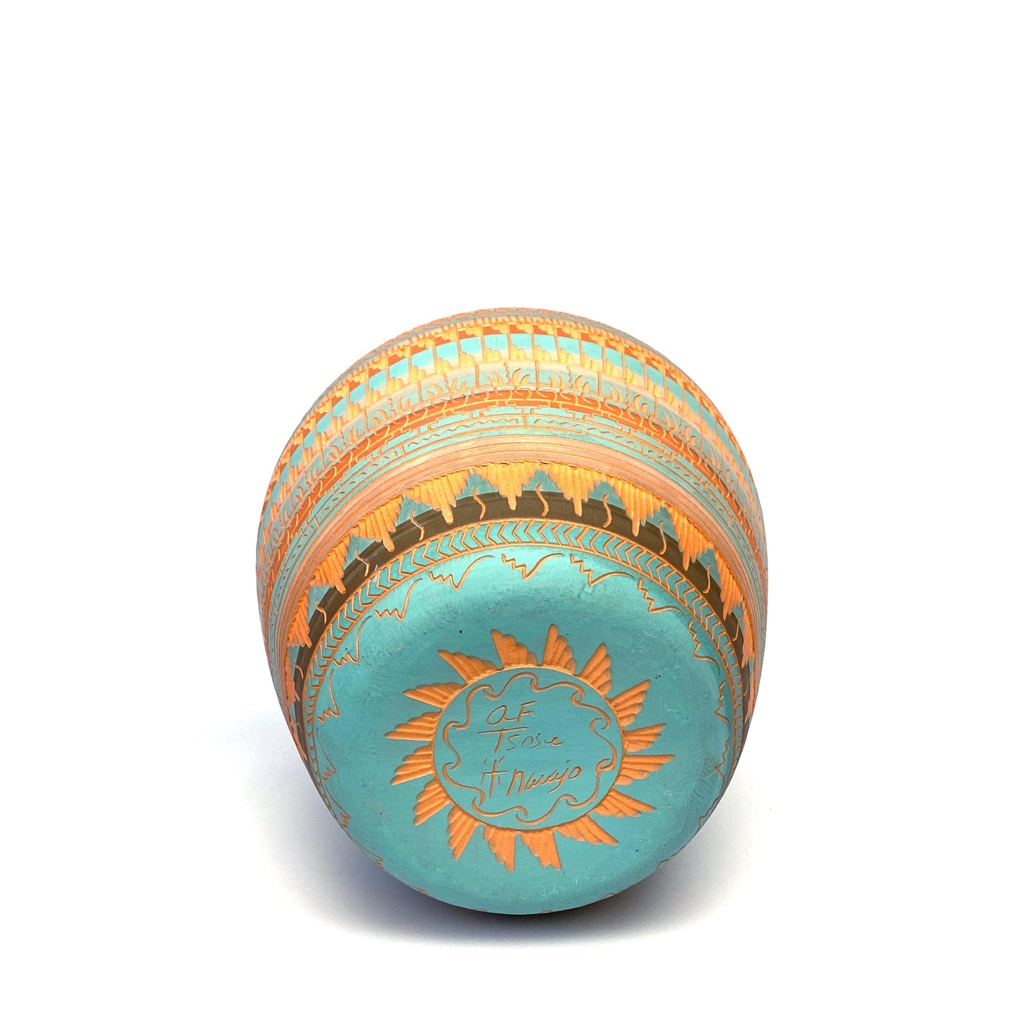 Navajo Vase Anna Tsosie Signed Terra Cotta Hand Etched - 9” Orange Teal Blue