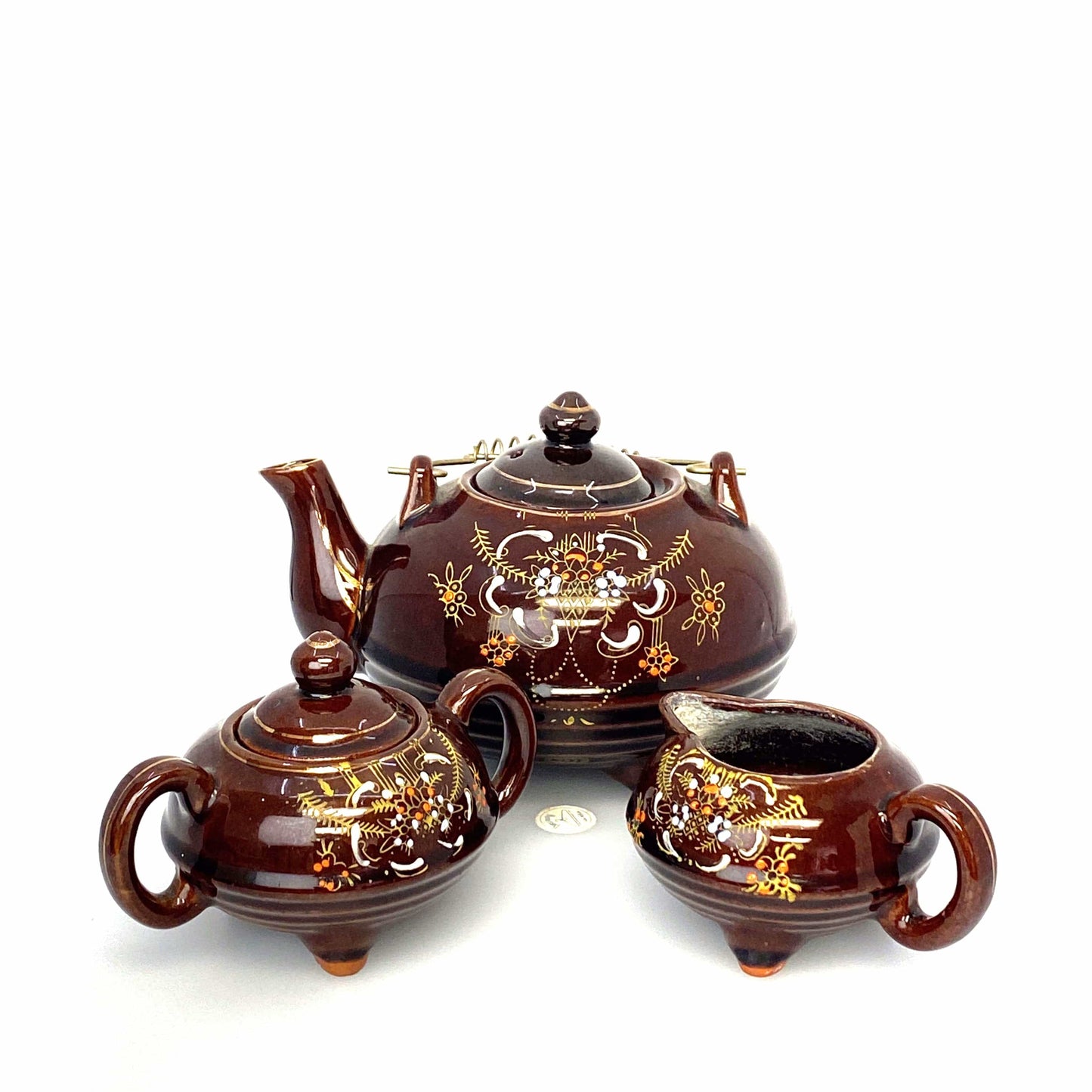 Redware Brown Betty | Moriage Tea Pot Cream Sugar Bowl Set Japan 1960’s | Vintage Hand-Painted