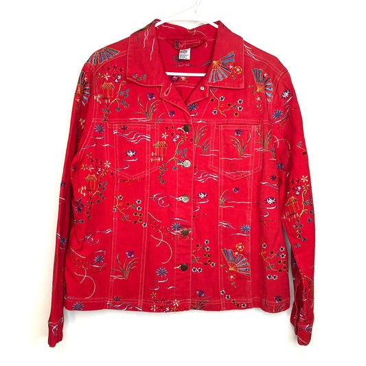GW Jeans Women's Red Floral Denim Jacket – Pre-Owned, Perfect for Casual Spring/Summer/Fall Wear – Size L