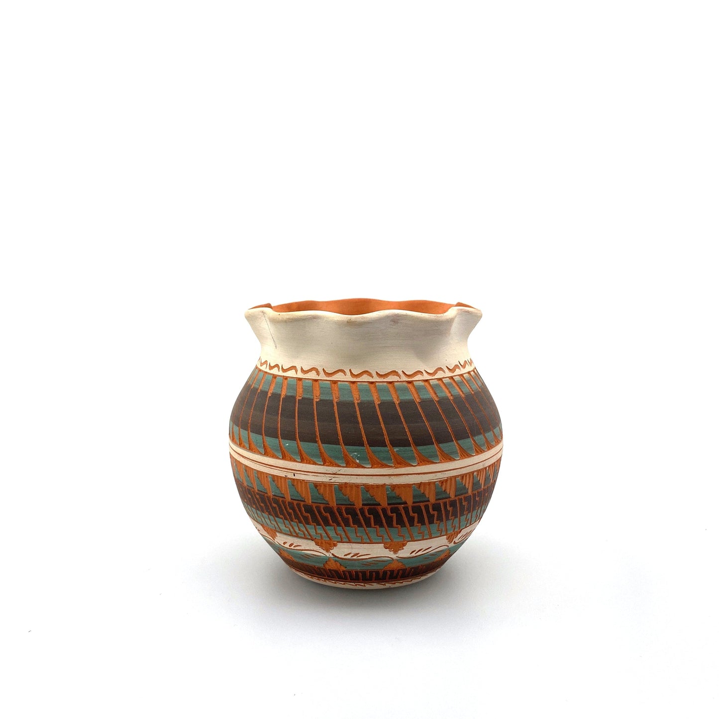 Navajo Pottery by Anna Tsosie Terra Cotta Hand Etched Jar 4.5” White Orange Blue