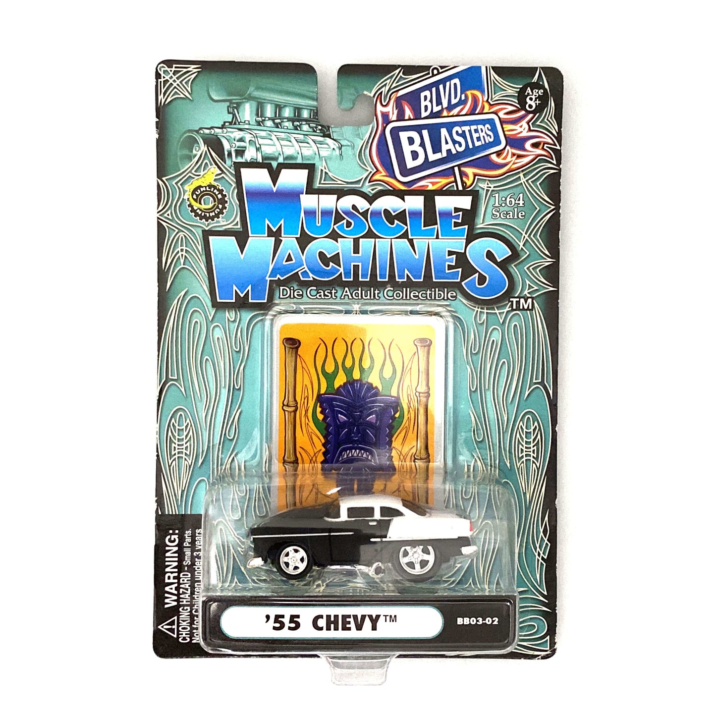 Muscle Machines '55 Chevy Diecast Car – Vintage 1:64 Scale Collectible for Adult Enthusiasts – White/Black Color Variation