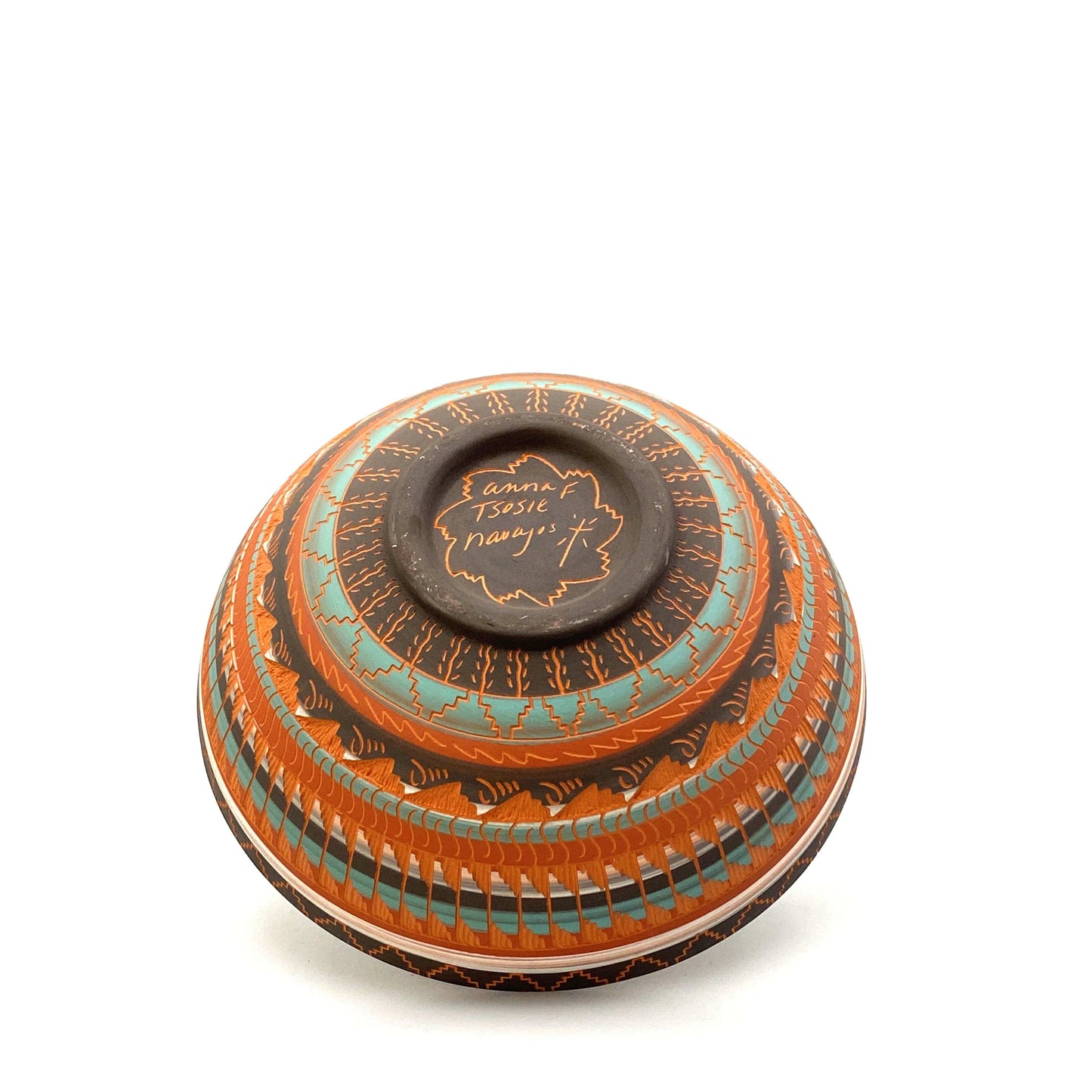 Navajo Pottery by Anna Tsosie Water Bowl Scalloped Top Terra Cotta white Orange Brown Hand Etched 7”