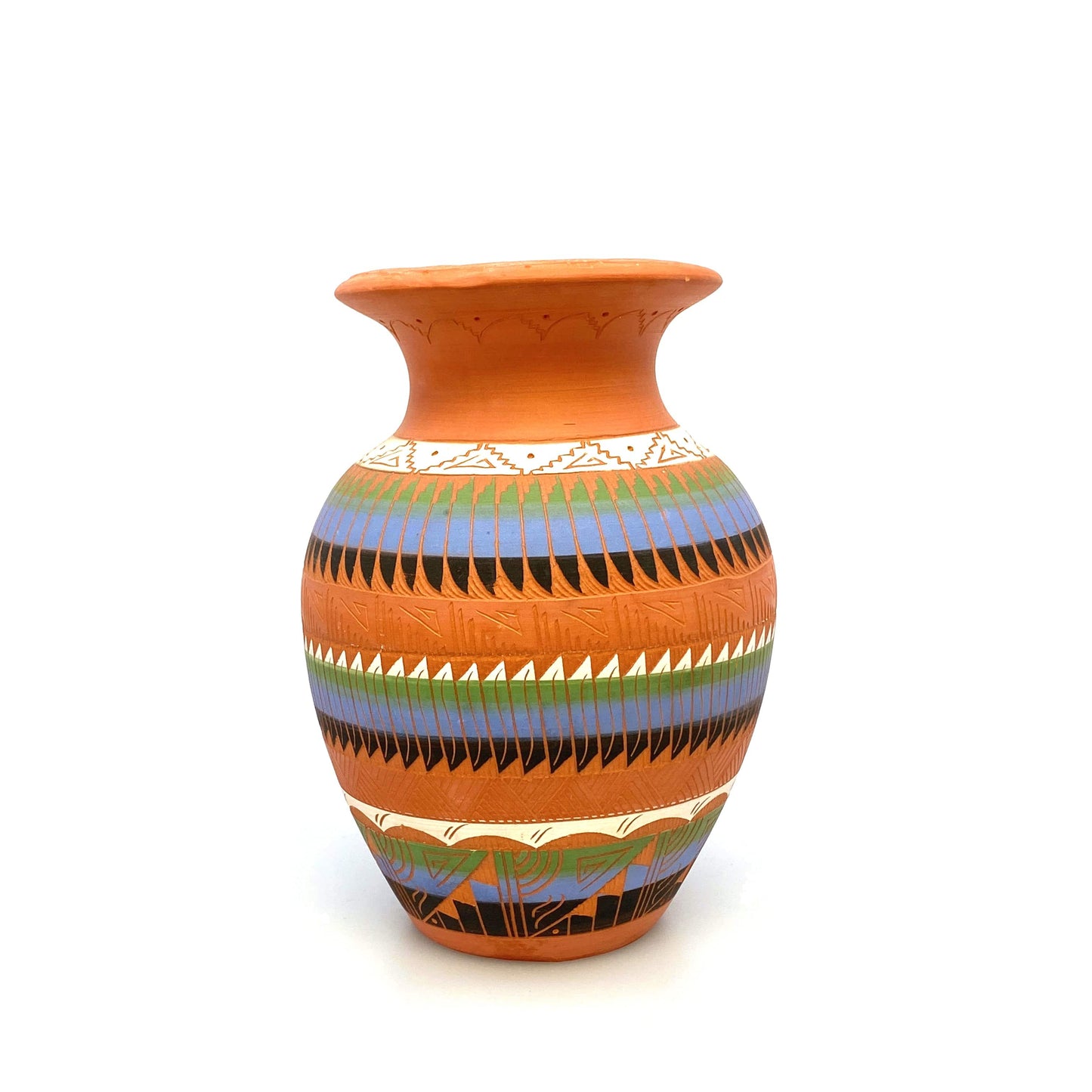 Navajo Pottery Vase Anna Tsosie Signed Terra Cotta Hand Etched 8” Orange Blue