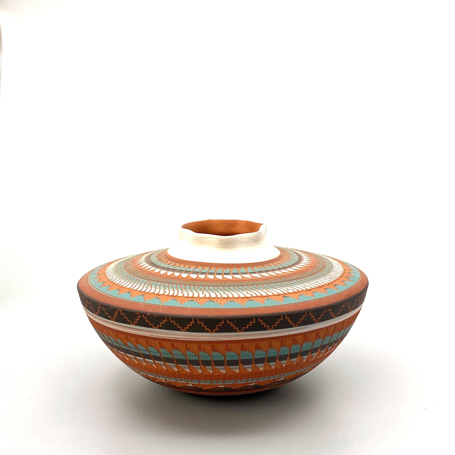 Navajo Pottery by Anna Tsosie Water Bowl Scalloped Top Terra Cotta white Orange Brown Hand Etched 7”