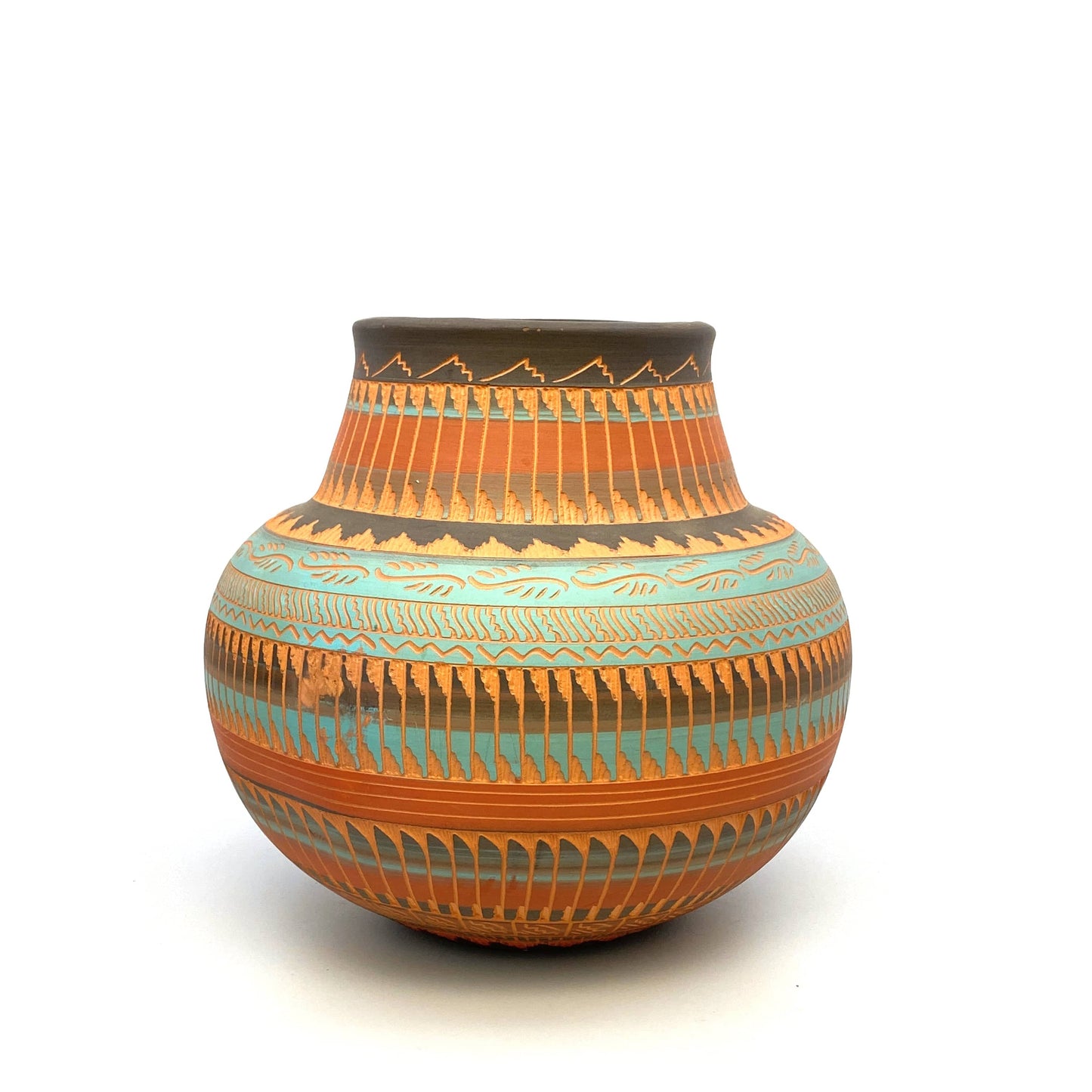 Navajo Pottery Vase | Hand-Etched & Painted Anna Tsosie Signed | Turquoise and Terracotta Tones | 7” | Vintage EUC