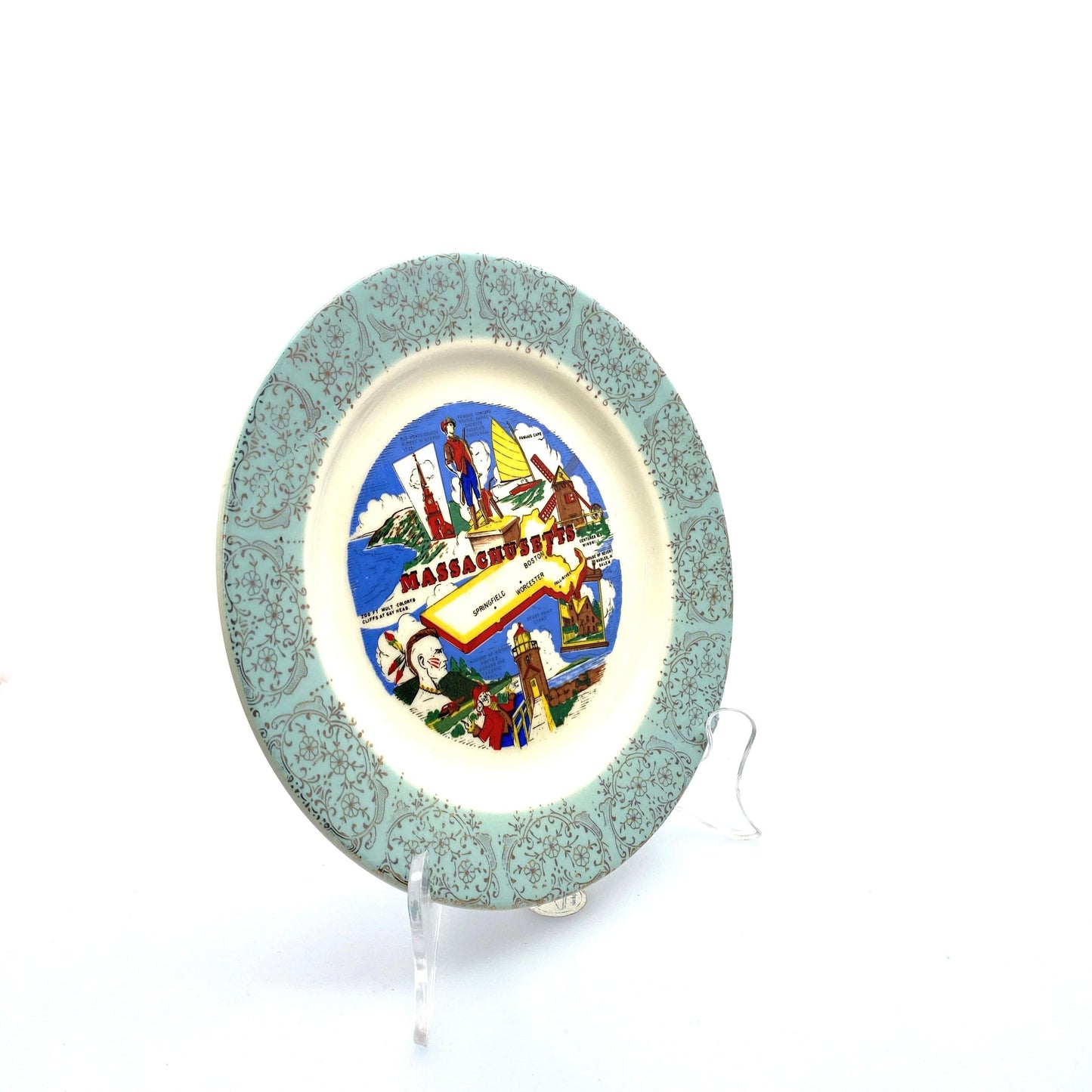 Vintage State Souvenir Plate Massachusetts Collectible, White - 7.5”