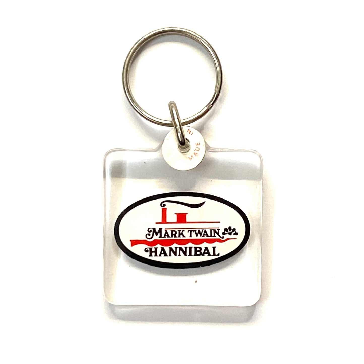 Vintage Hannibal, Missouri Mark Twain Riverboat Travel Souvenir Keychain Key Ring Square Clear Acrylic