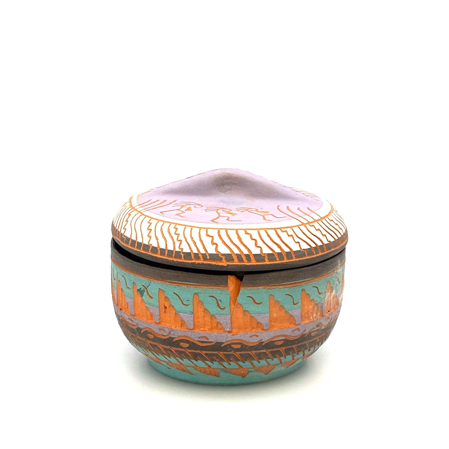 Navajo Pottery by Anna Tsosie Terra Cotta Hand Etched Jar* w/ Lid 4” Pink Brown