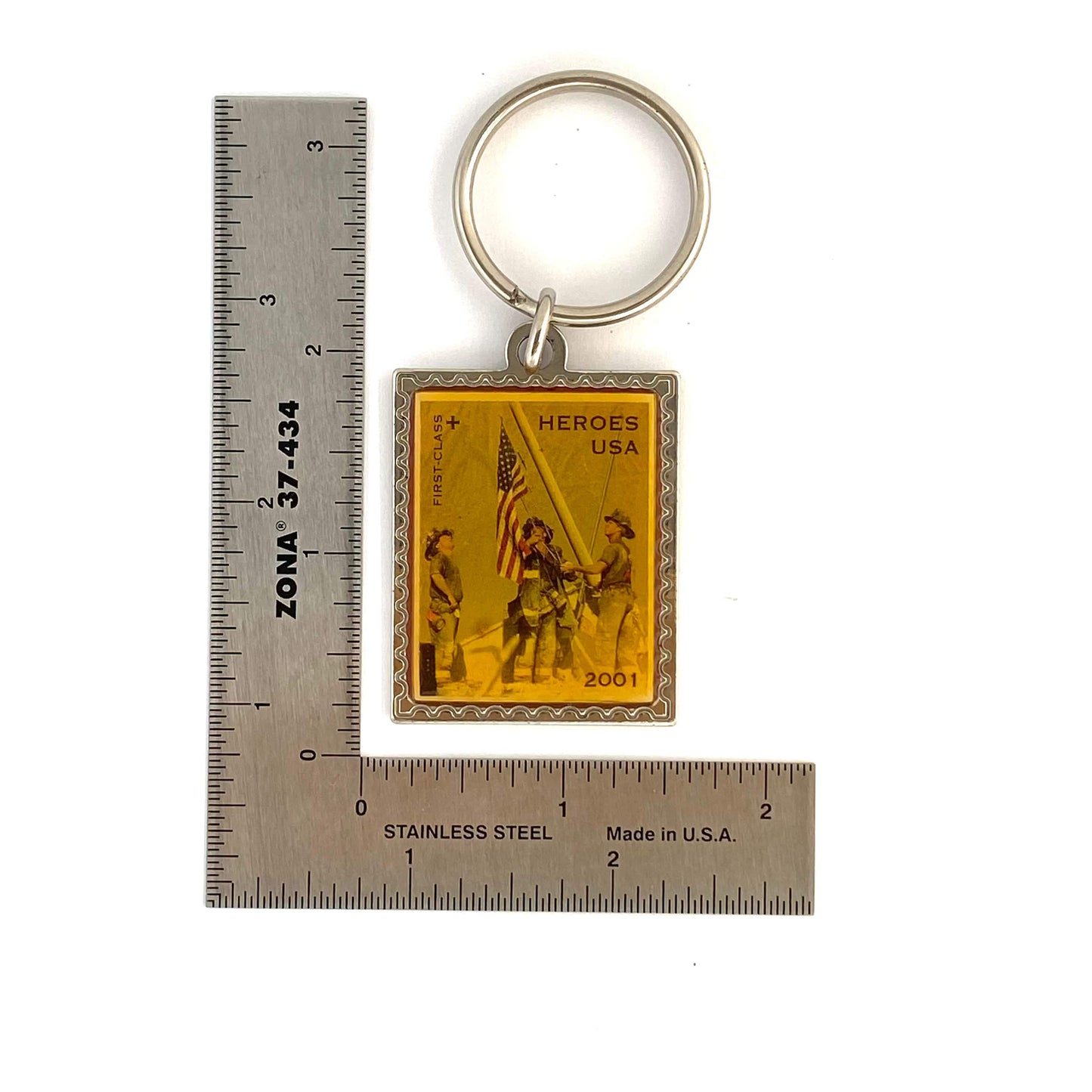Vintage 2001 Postage Stamp "Heroes USA" 9/11 First-Class Commemorative Enamel Keychain Key Ring