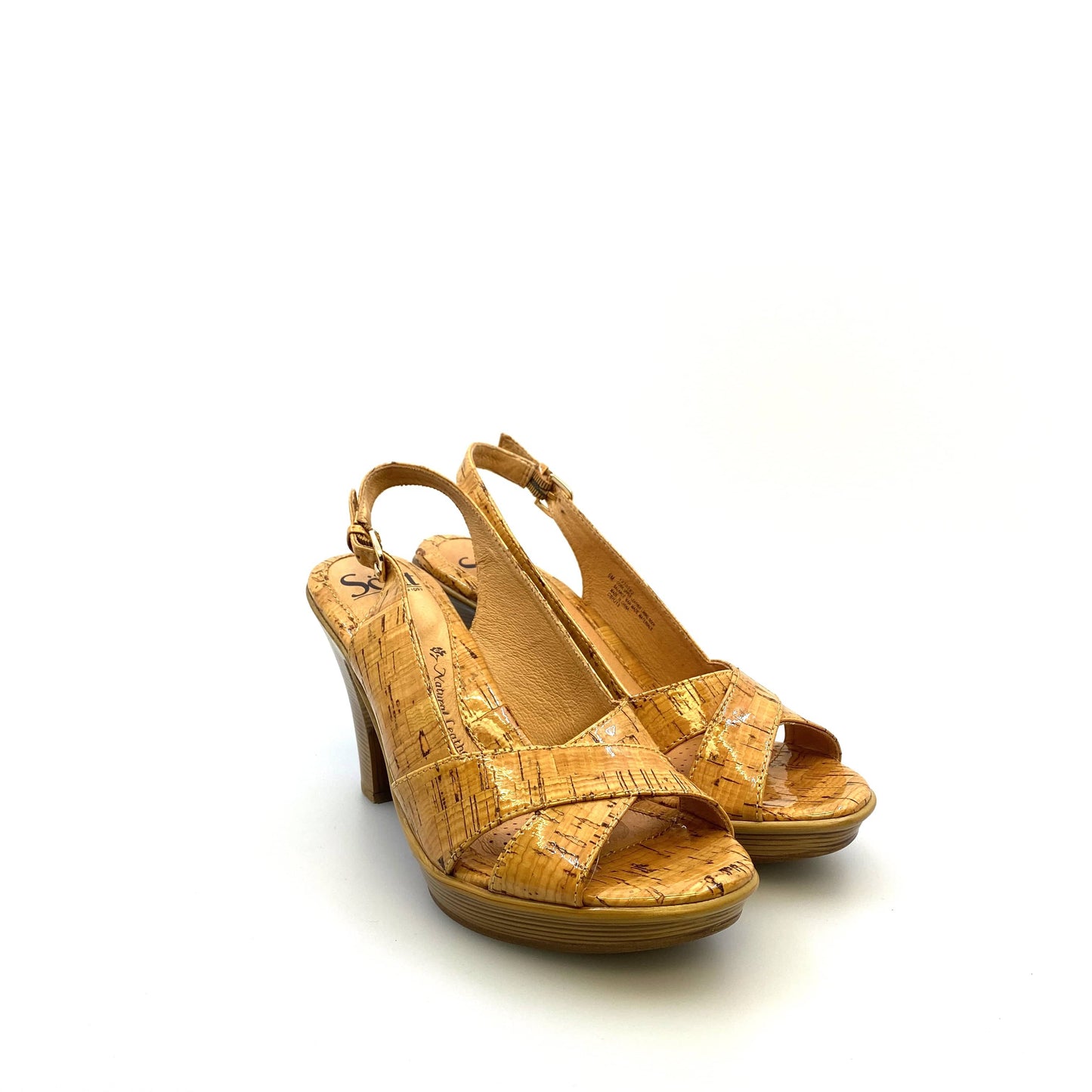 Sofft Womens “Portia” Size 6M Natural Laminated Cork Open-Toe Slingback Heels