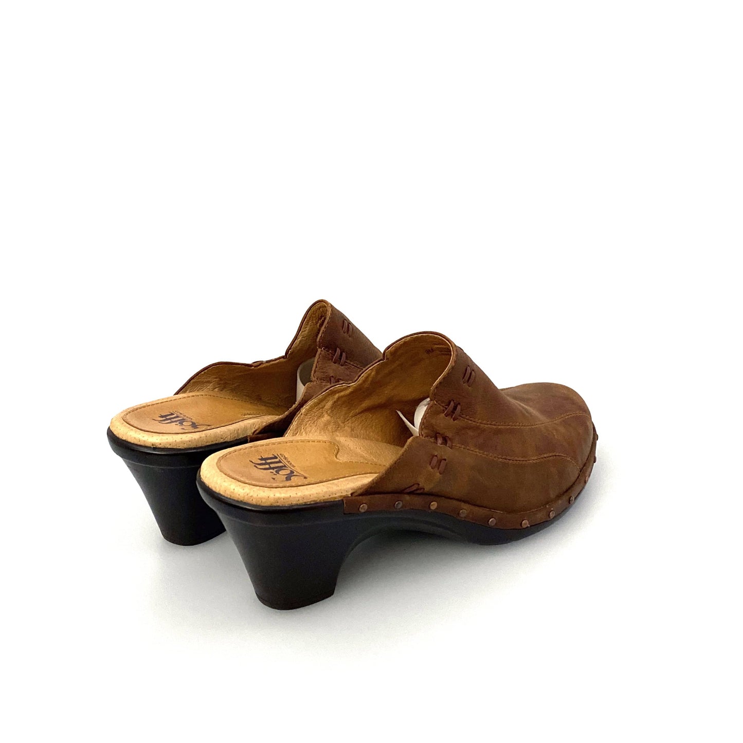Sofft Womens Size 9M Brown Mules Shoes Leather Stitched Heeled