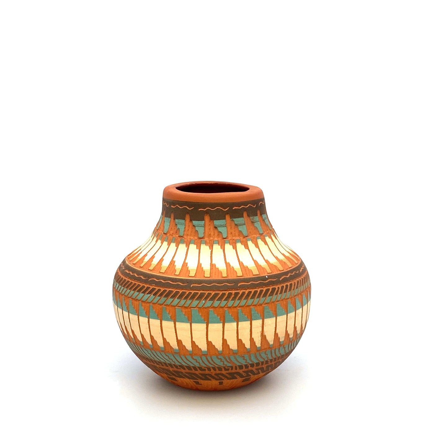 Navajo Pottery by Anna Tsosie Terra Cotta Hand Etched Seed Pot 5” Orange Blue Brown