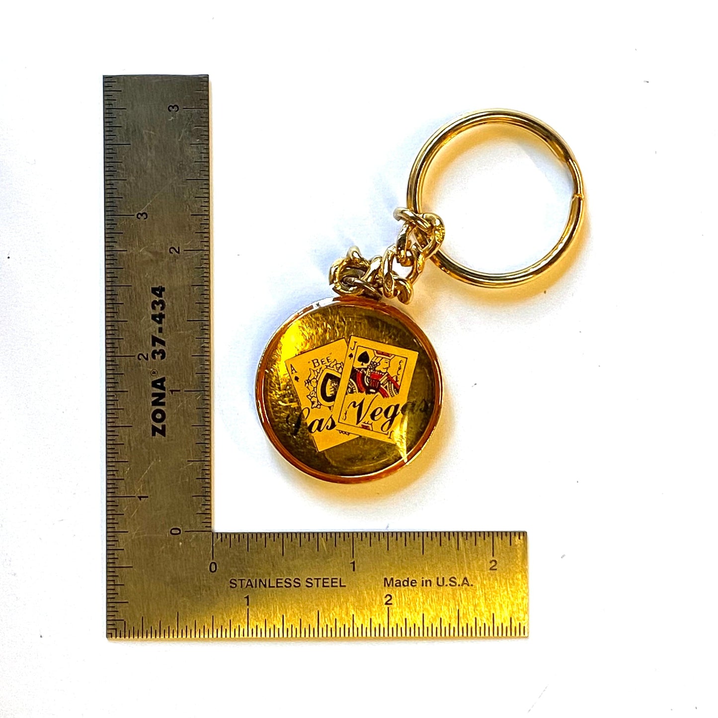 Vintage “Las Vegas” Playing Cards Enamel Souvenir Keychain Key Ring Metal Gold