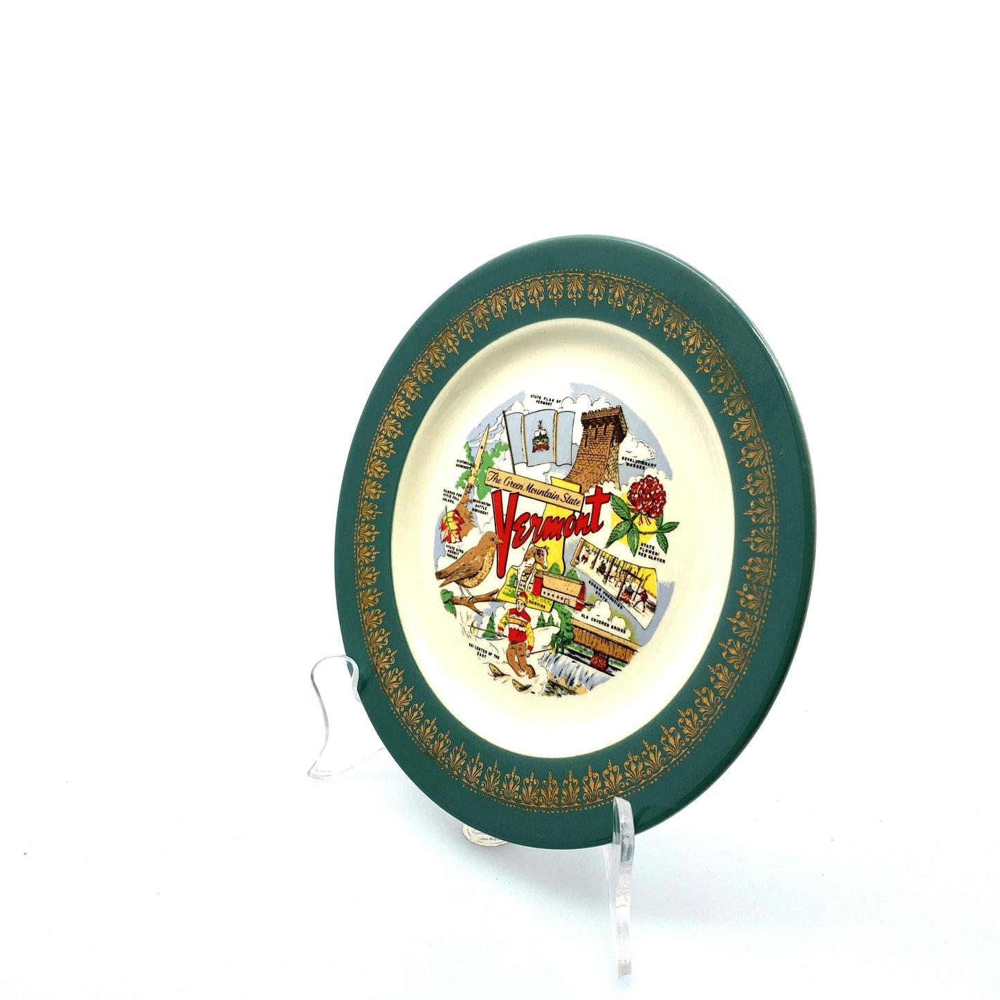 Vintage State Souvenir Plate “Vermont” Collectible, White/Green - 7”