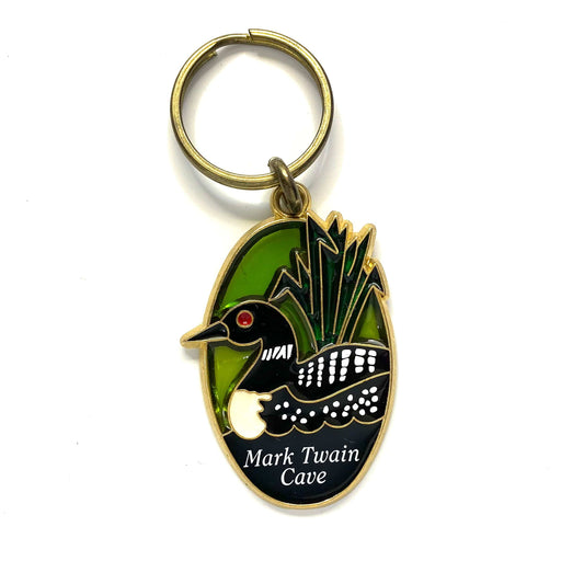 Vintage Mark Twain Cave Souvenir Keychain Key Ring Metal Oval Multicolor