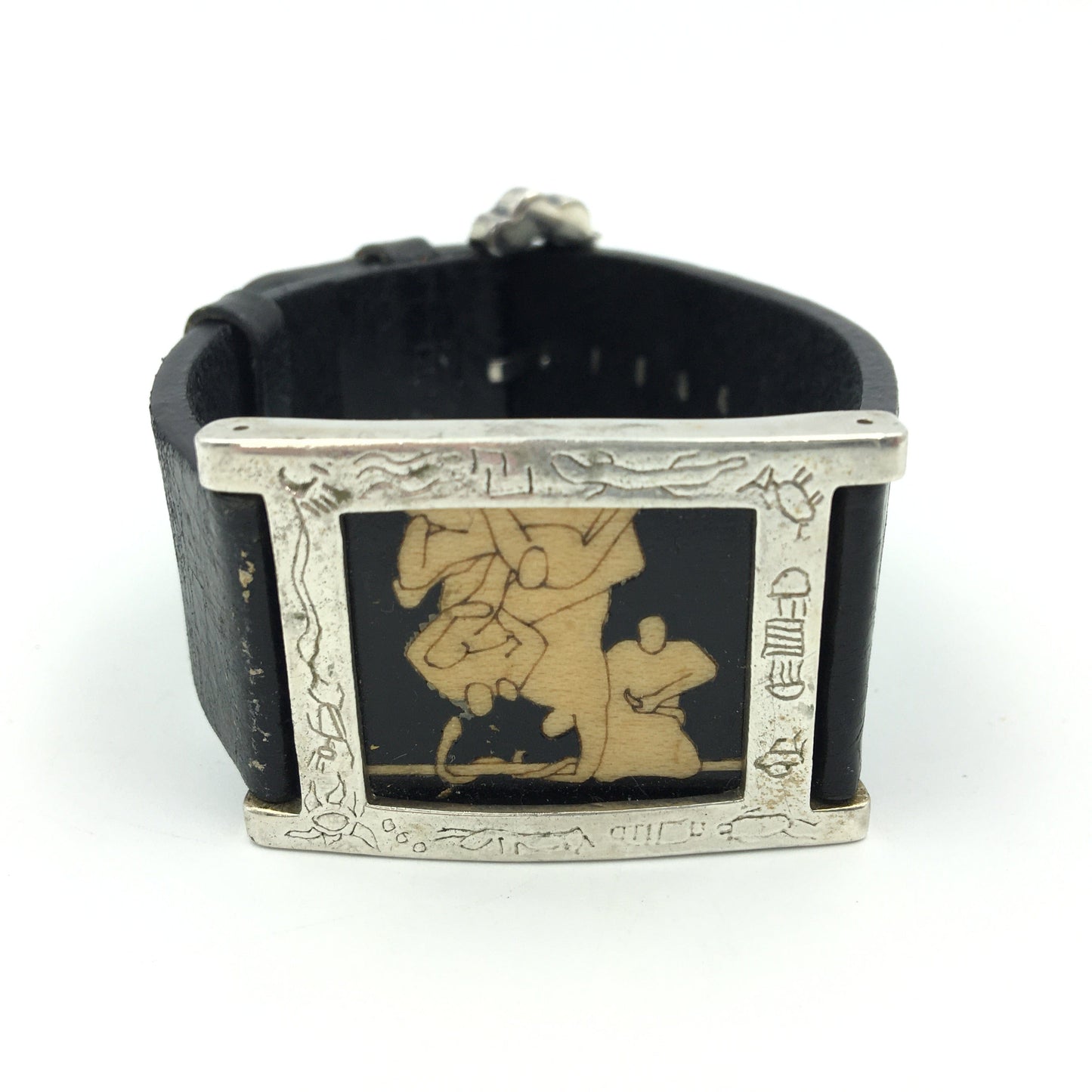 Womens Hand-Made Sterling Silver Storyteller Bracelet Leather Band Clasp