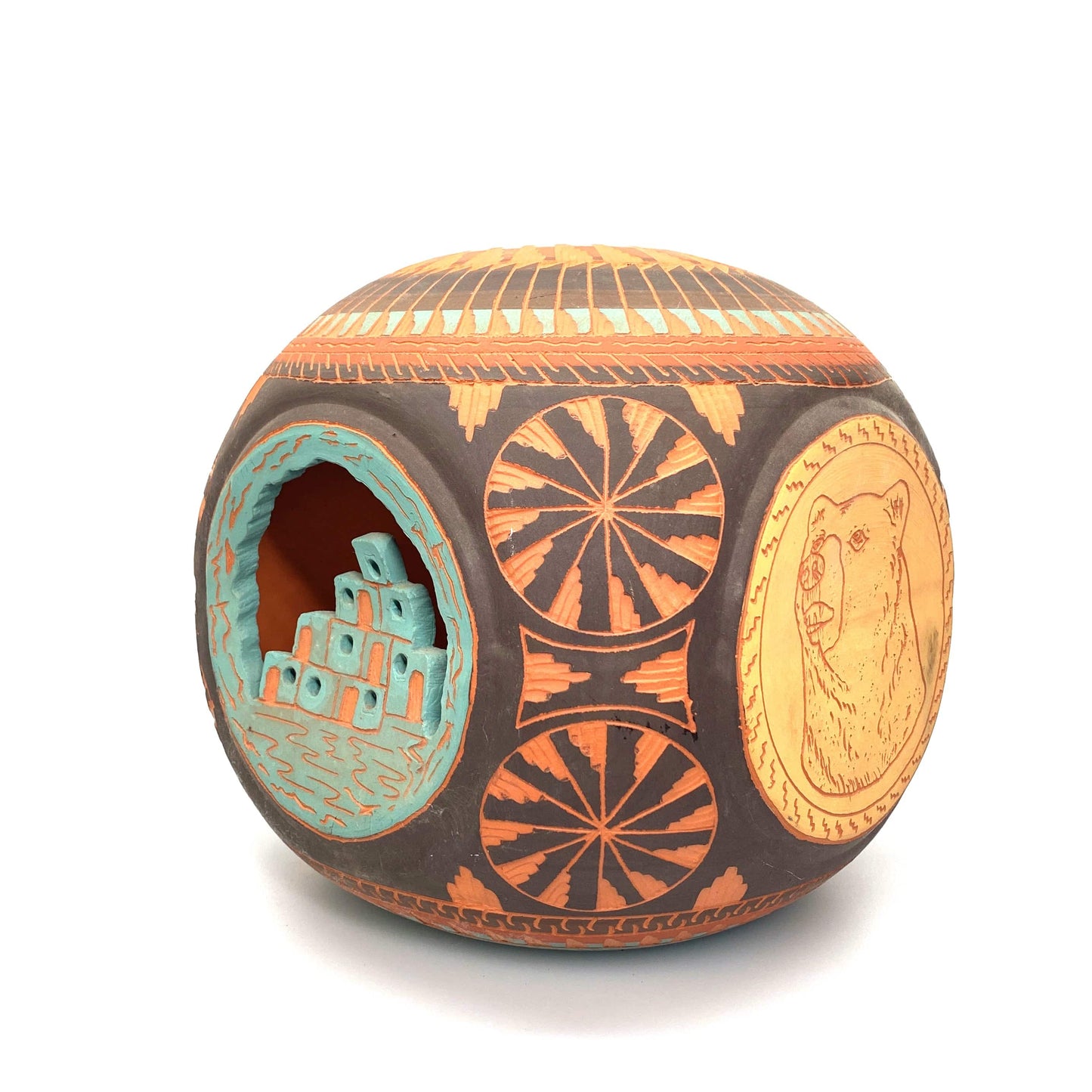 Navajo Pottery Anna Tsosie Signed Terra Cotta Hand Etched Relief 9.5” Large Rounded Square Vase