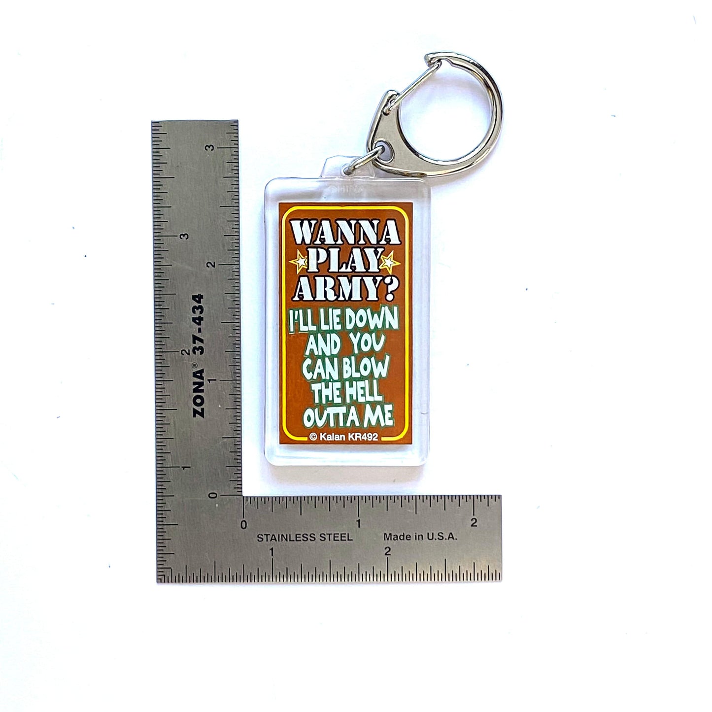 Novelty Adult Humor Keychain “Wanna Play Army?” Key Ring Rectangle Clear Acrylic