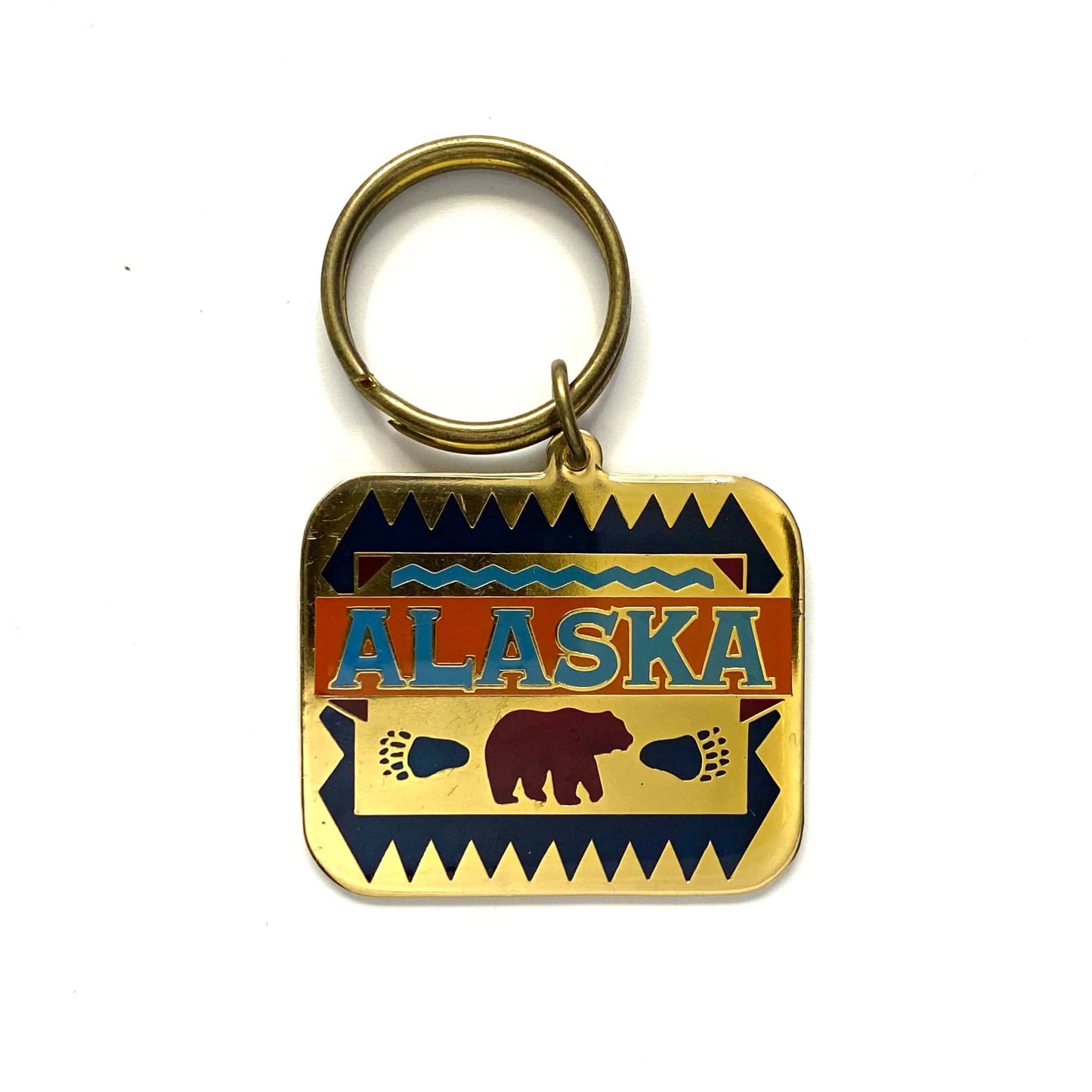 Vintage Alaska Bear Souvenir Keychain Key Ring Metal Rectangle Gold