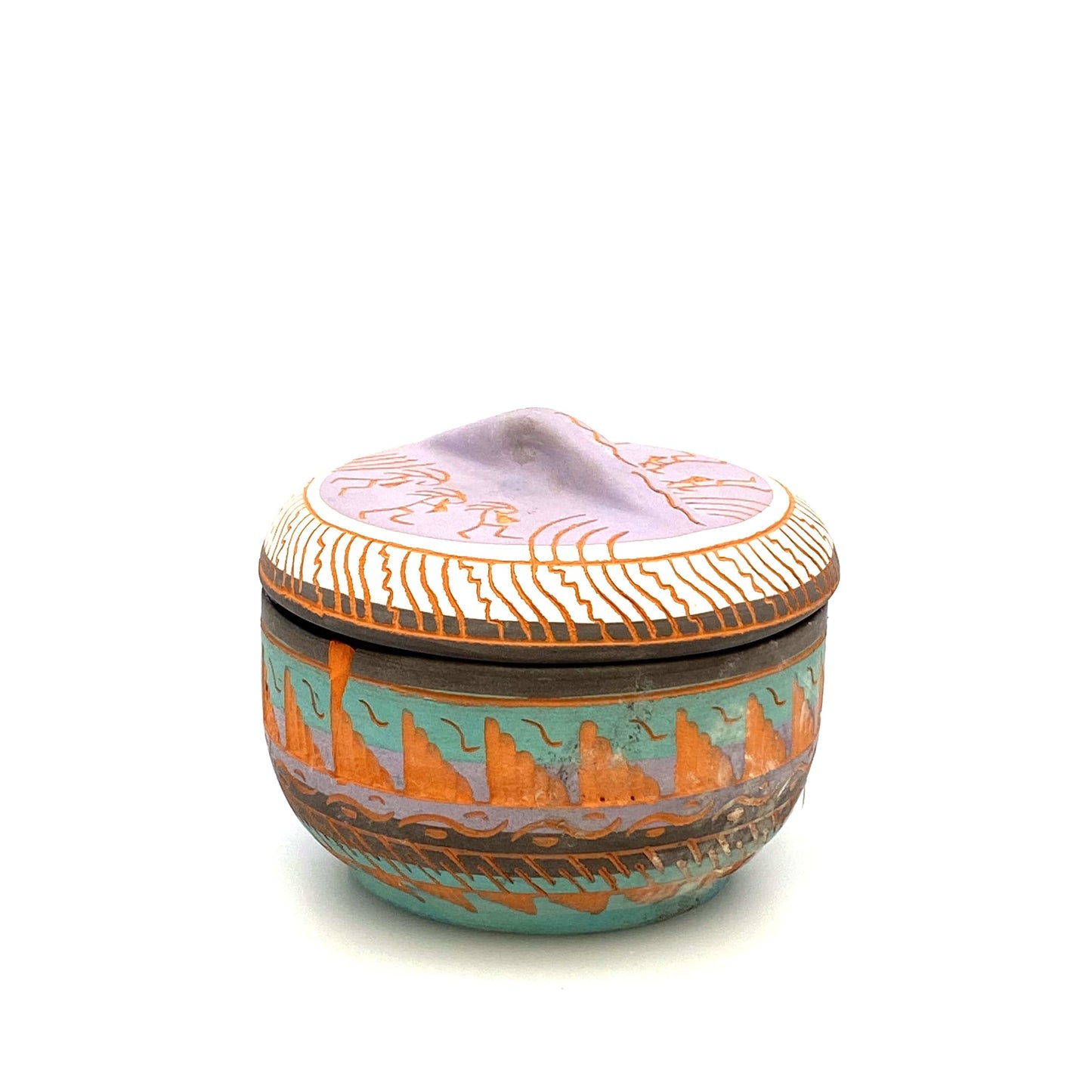 Navajo Pottery by Anna Tsosie Terra Cotta Hand Etched Jar* w/ Lid 4” Pink Brown