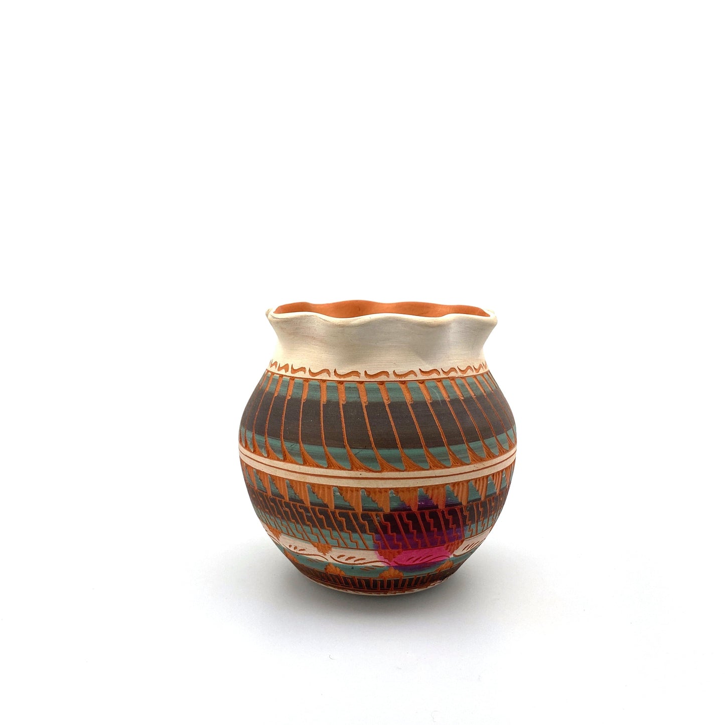Navajo Pottery by Anna Tsosie Terra Cotta Hand Etched Jar 4.5” White Orange Blue