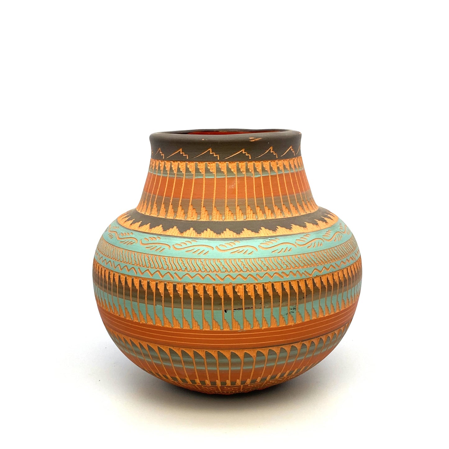 Navajo Pottery Vase | Hand-Etched & Painted Anna Tsosie Signed | Turquoise and Terracotta Tones | 7” | Vintage EUC
