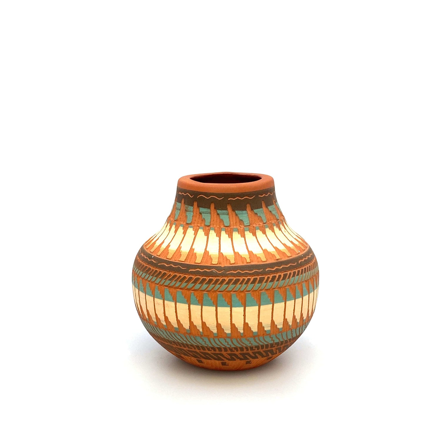 Navajo Pottery by Anna Tsosie Terra Cotta Hand Etched Seed Pot 5” Orange Blue Brown